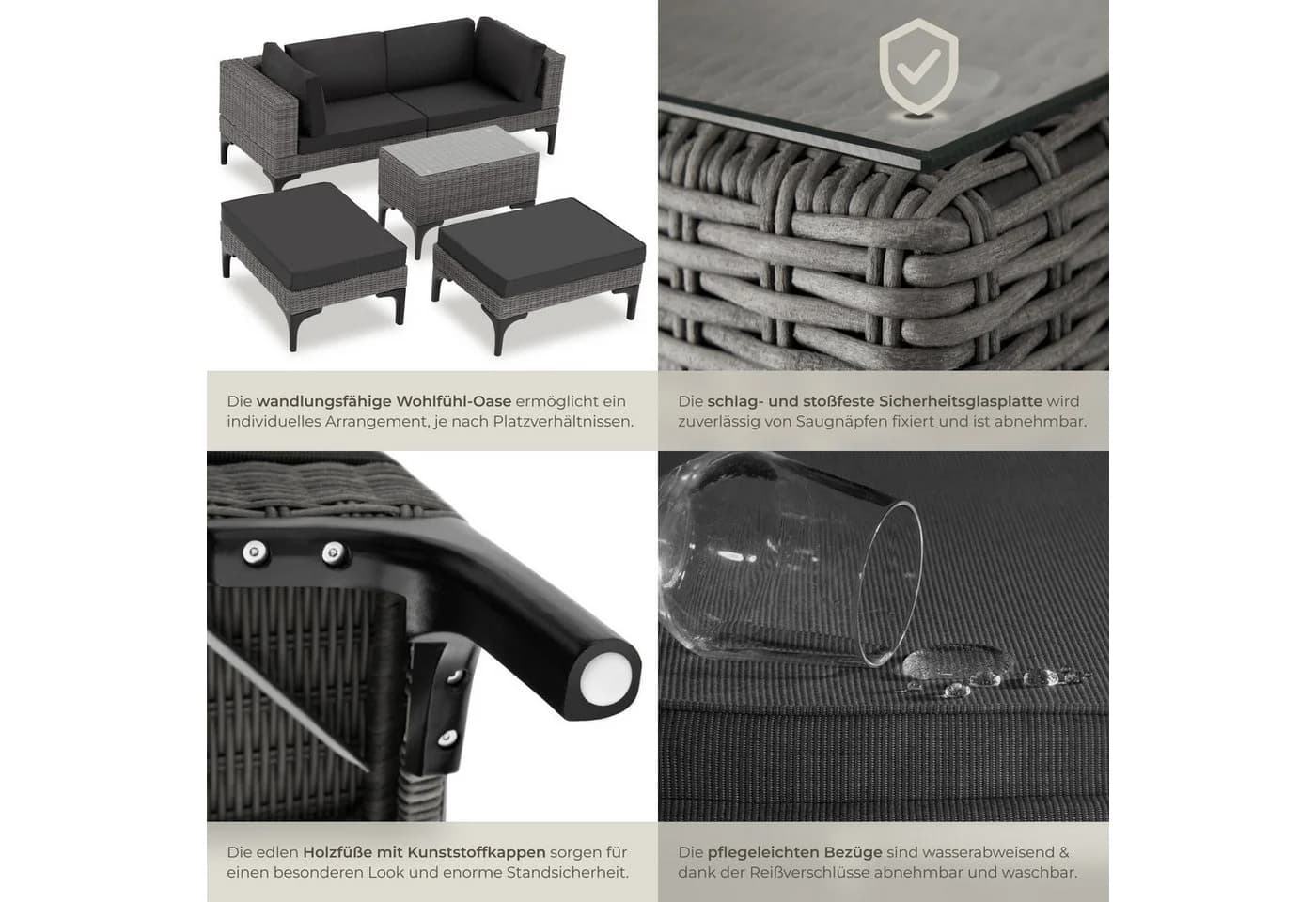 TECTAKE Gartenlounge-Set 5-tlg. Grau Rattan Aluminium mit Glasplatte - Bild 5