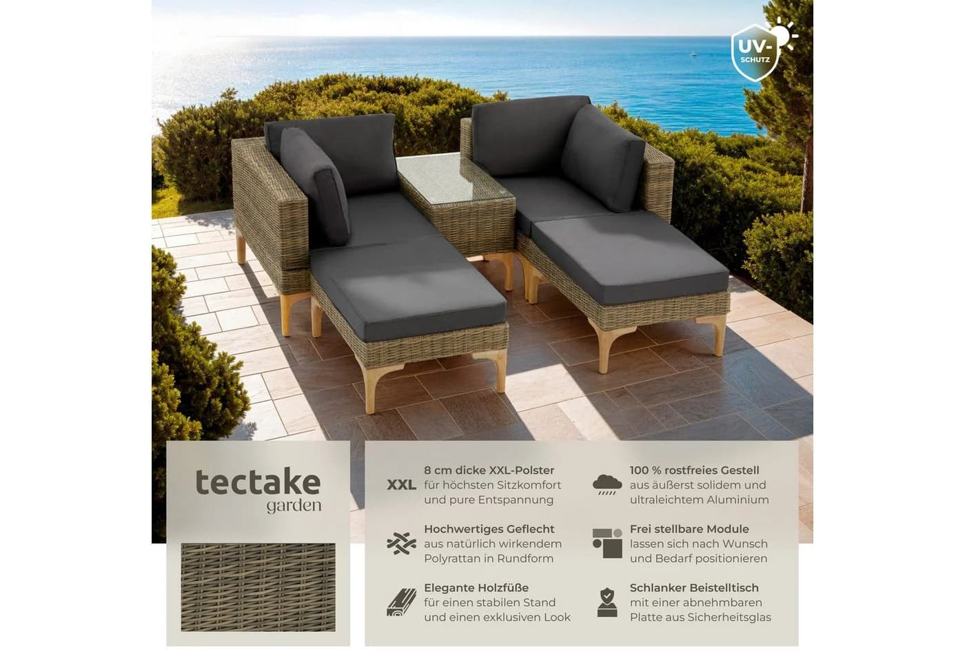 tectake Loungeset Rattan Sitzgruppe mit Sicherheitsglasplatte, schlanke, hohe Beine