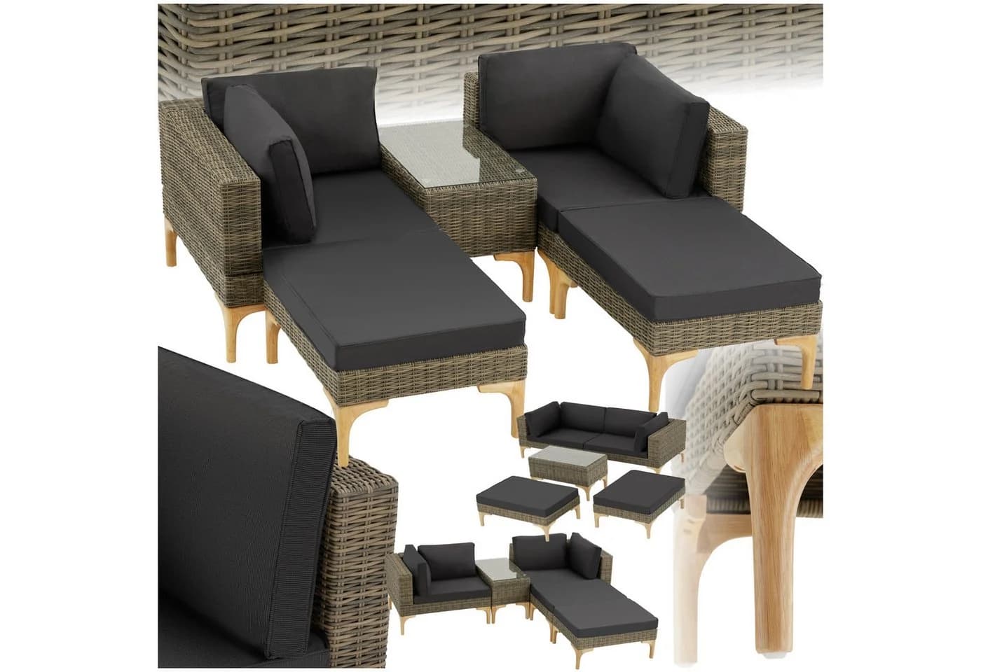 tectake Loungeset Rattan Sitzgruppe mit Sicherheitsglasplatte, schlanke, hohe Beine - Bild 2