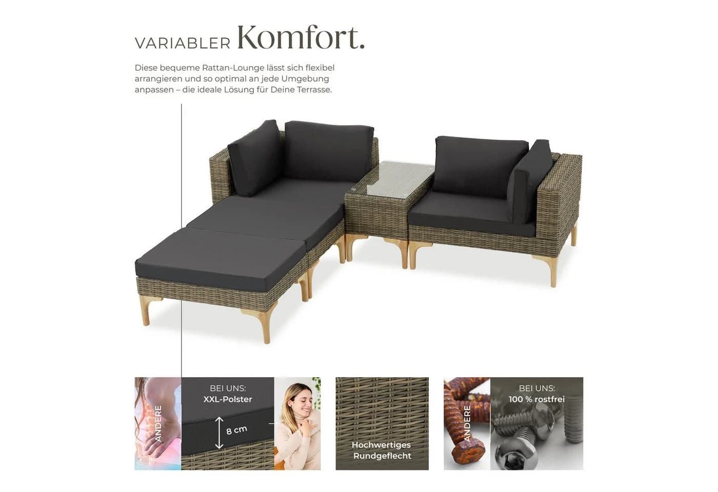 tectake Loungeset Rattan Sitzgruppe mit Sicherheitsglasplatte, schlanke, hohe Beine - Bild 3