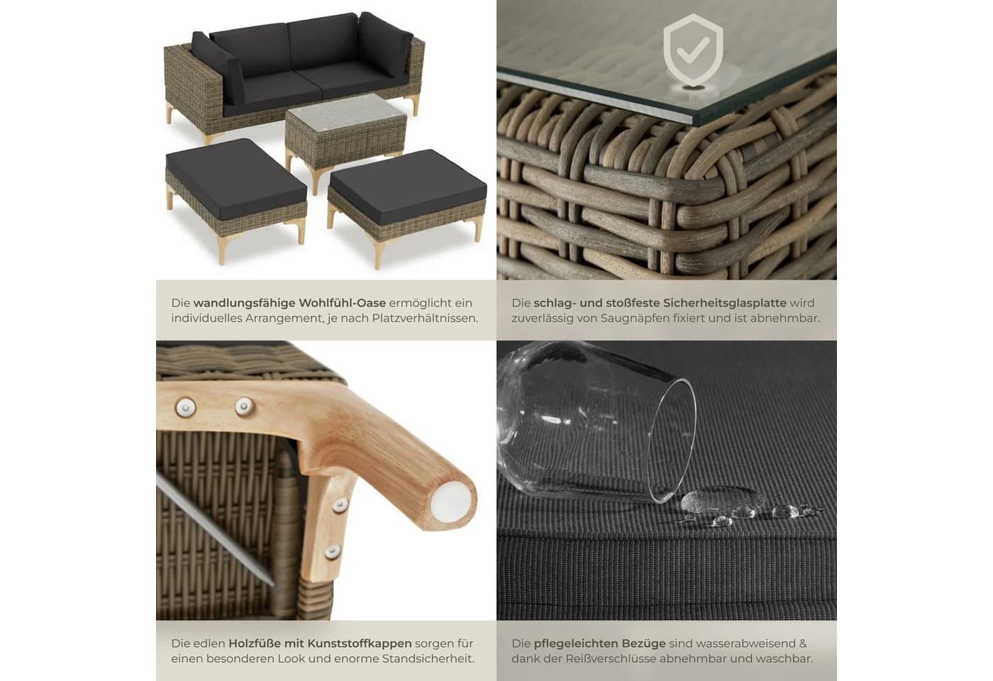 tectake Loungeset Rattan Sitzgruppe mit Sicherheitsglasplatte, schlanke, hohe Beine - Bild 5