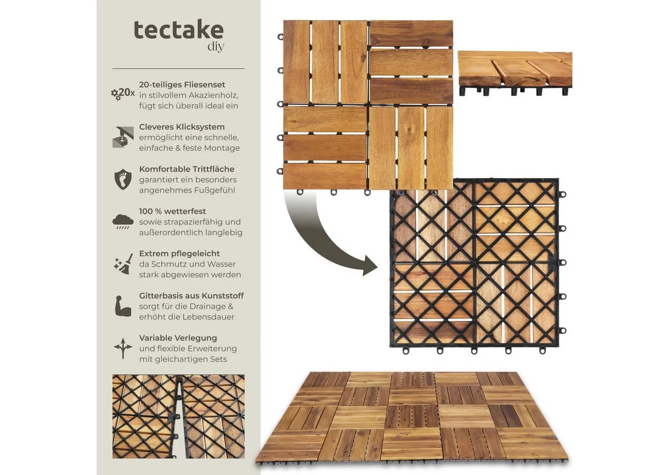 TECTAKE Terrassenfliesen Tabula Akazienholz Mosaik-Design