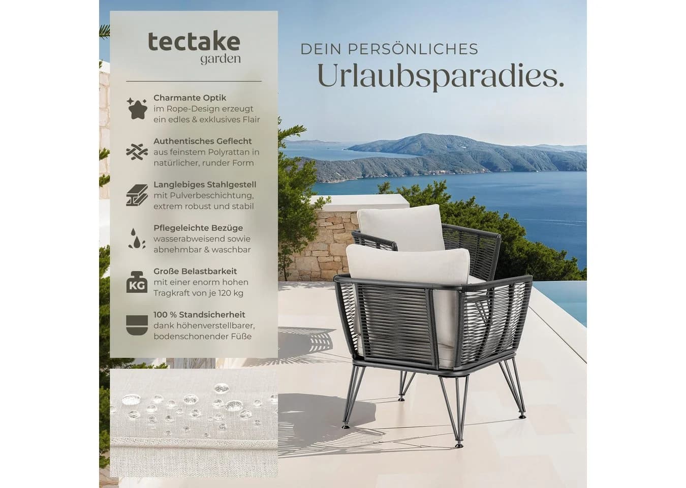 TECTAKE Garten-Loungesessel Sundo 4-tlg. Rope-Design Grau - Bild 2