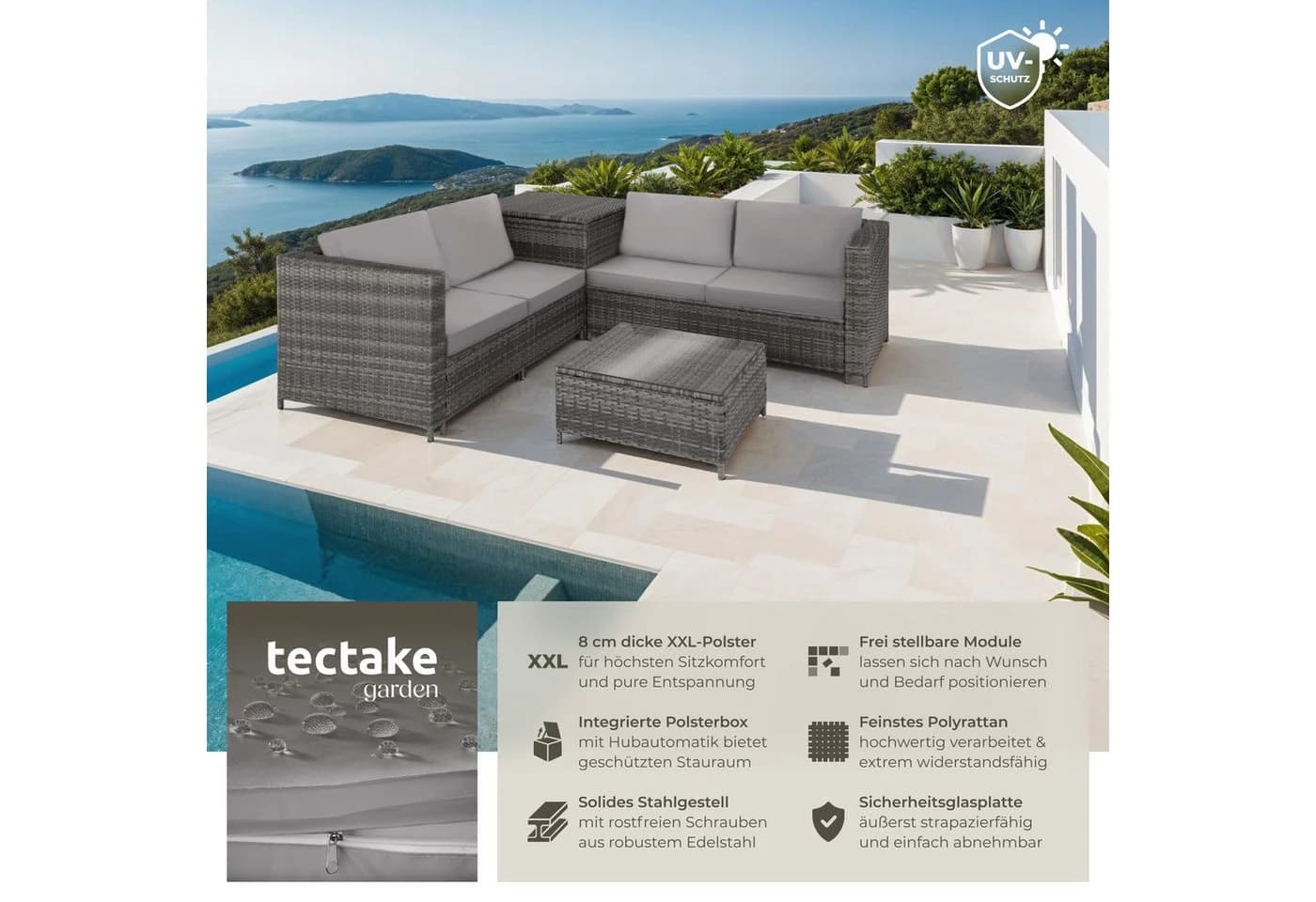 tectake Loungeset Rattan Sitzgruppe 5-tlg. Grau