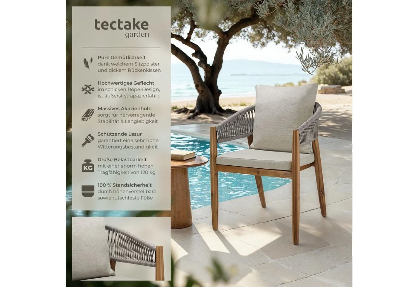 TECTAKE Gartenstuhl Manacor Akazienholz Grau/Beige 6er Set