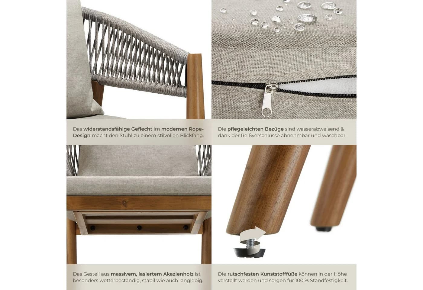TECTAKE Gartenstuhl Manacor Akazienholz Grau/Beige 6er Set - Bild 5