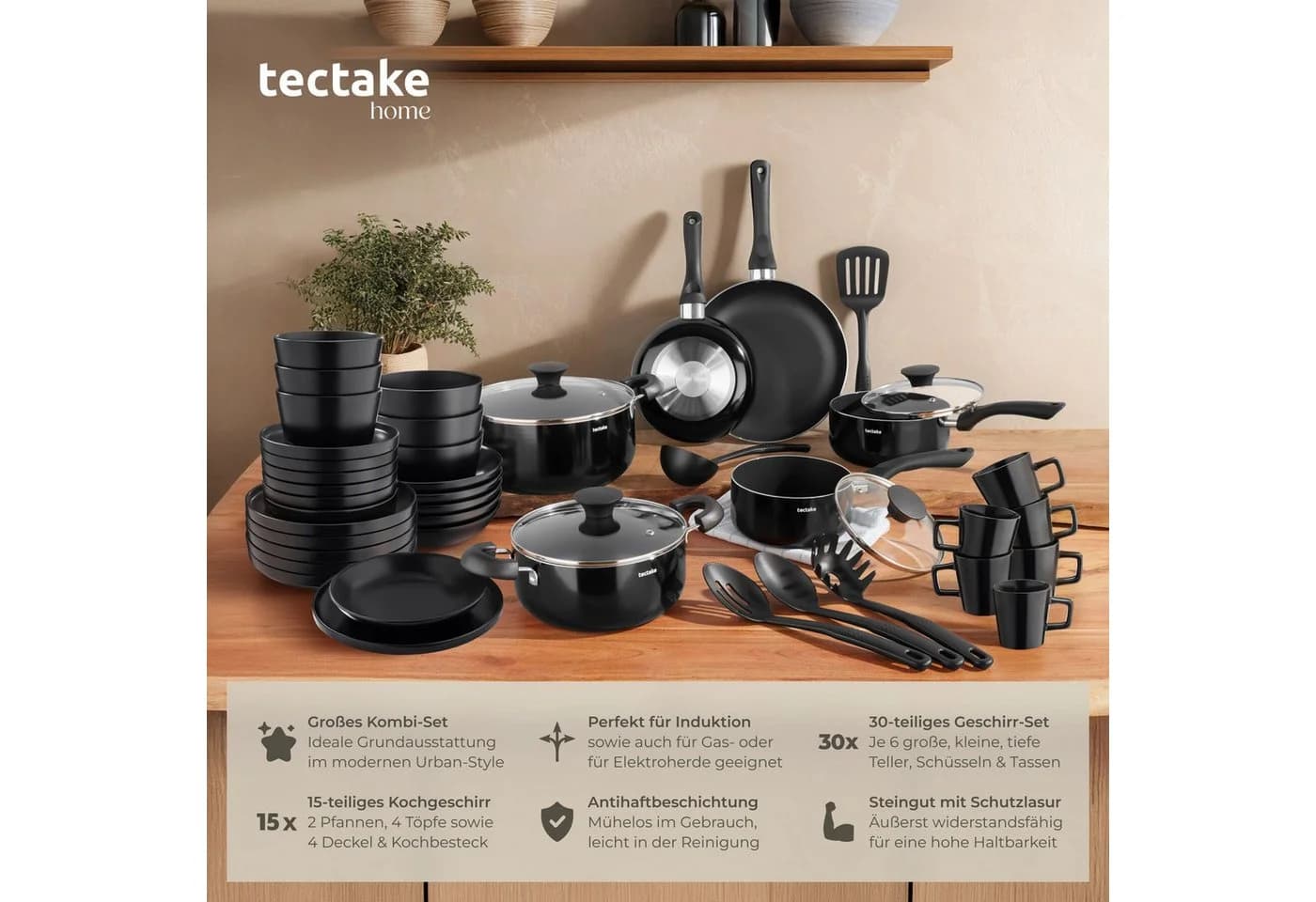 TECTAKE Kochbesteck-Set 45-tlg. Schwarz Steingut & Aluminium