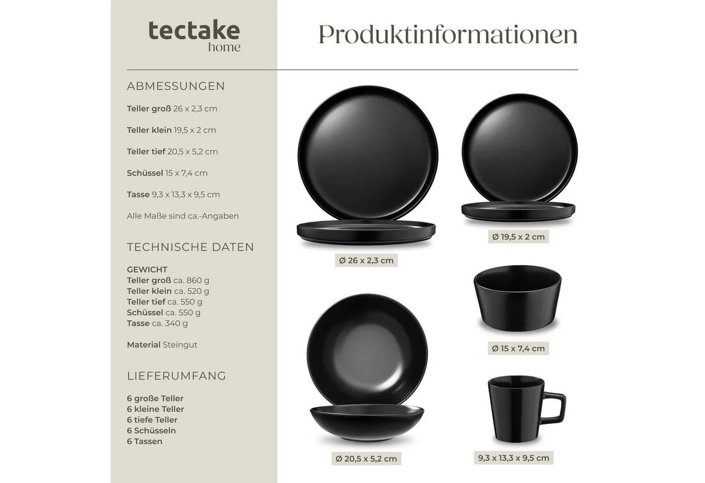 TECTAKE Kochbesteck-Set 45-tlg. Schwarz Steingut & Aluminium - Bild 5