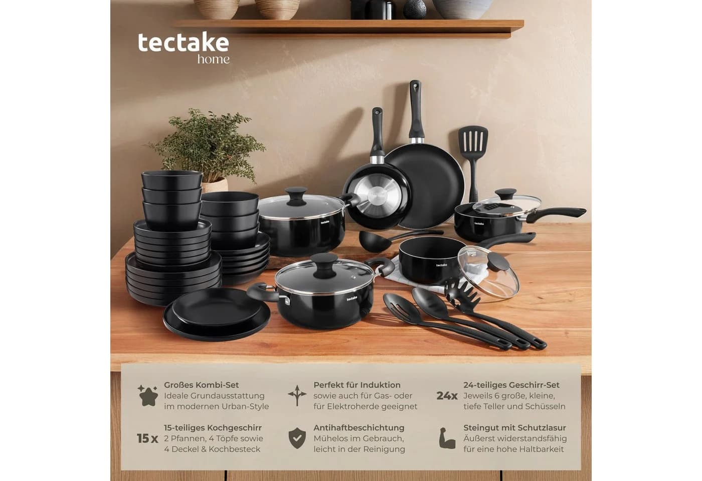 TECTAKE Küchenstarterset 39-tlg. Steingut & Aluminium Kochtopfset Schwarz