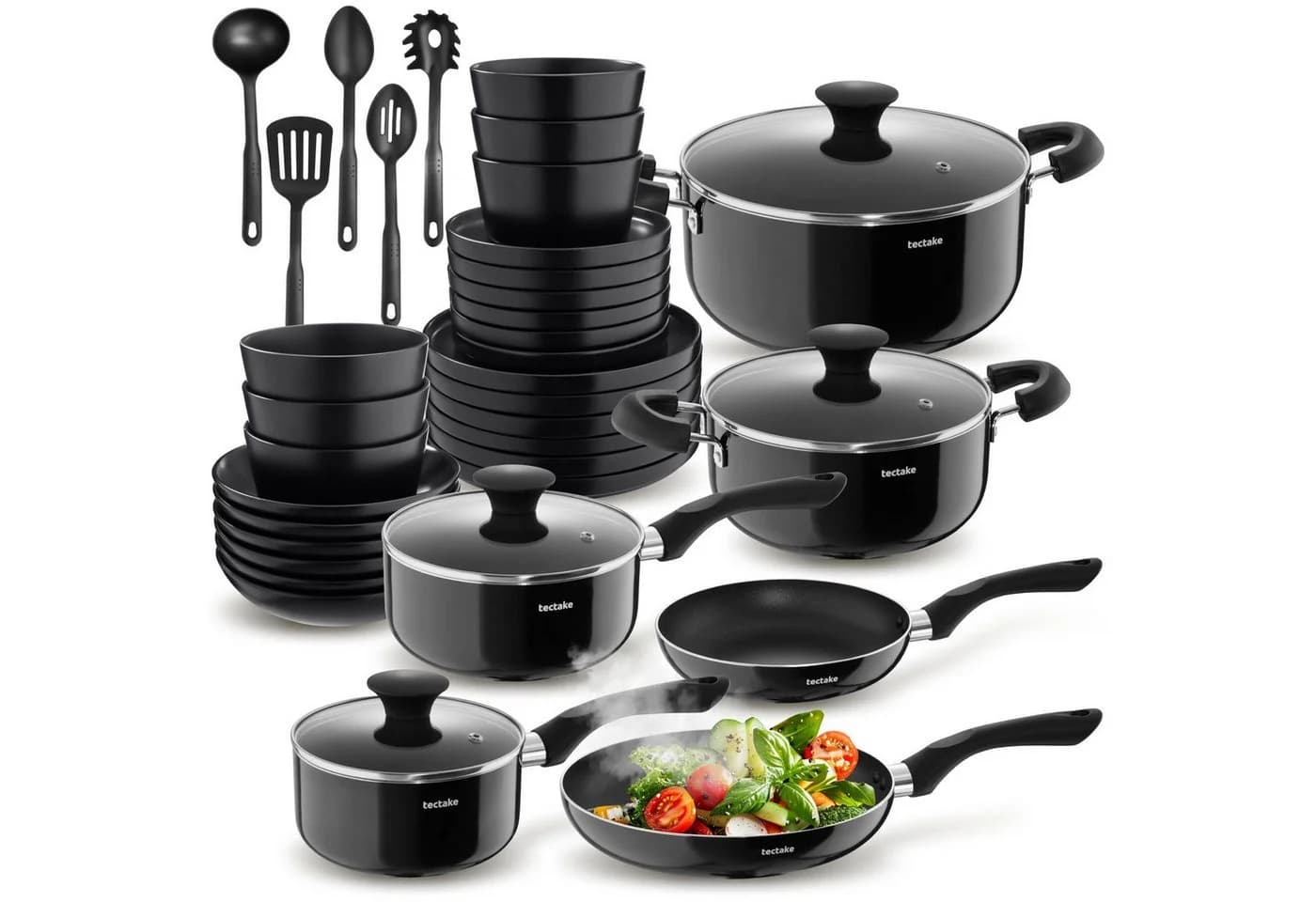 TECTAKE Küchenstarterset 39-tlg. Steingut & Aluminium Kochtopfset Schwarz - Bild 2