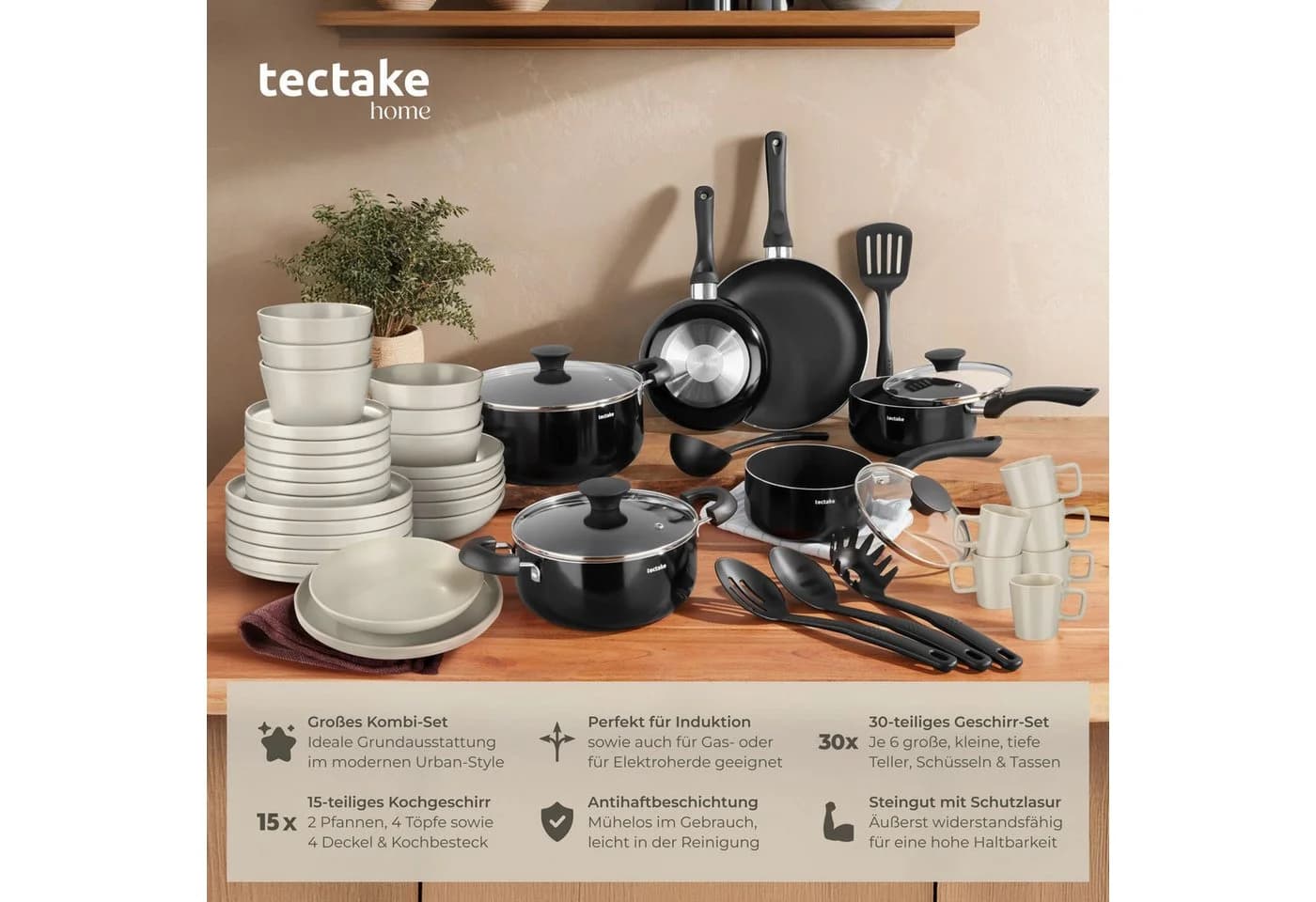 TECTAKE Kochbesteck-Set 45-tlg. Schwarz/Grau Steingut Aluminium