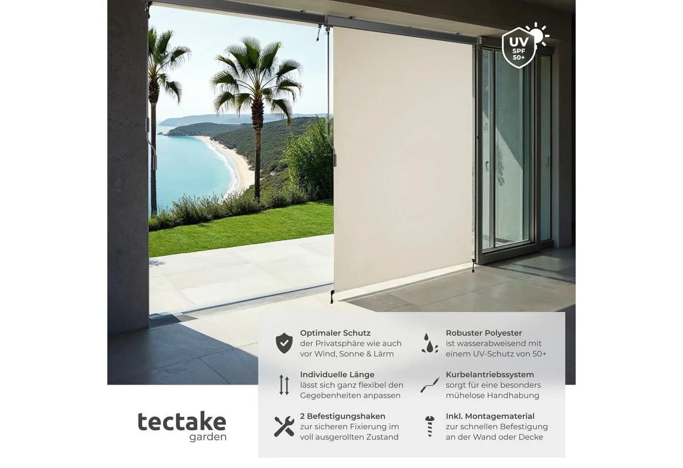 tectake Seitenarmmarkise Eloise Beige UV-Schutz 50+ Kurbel