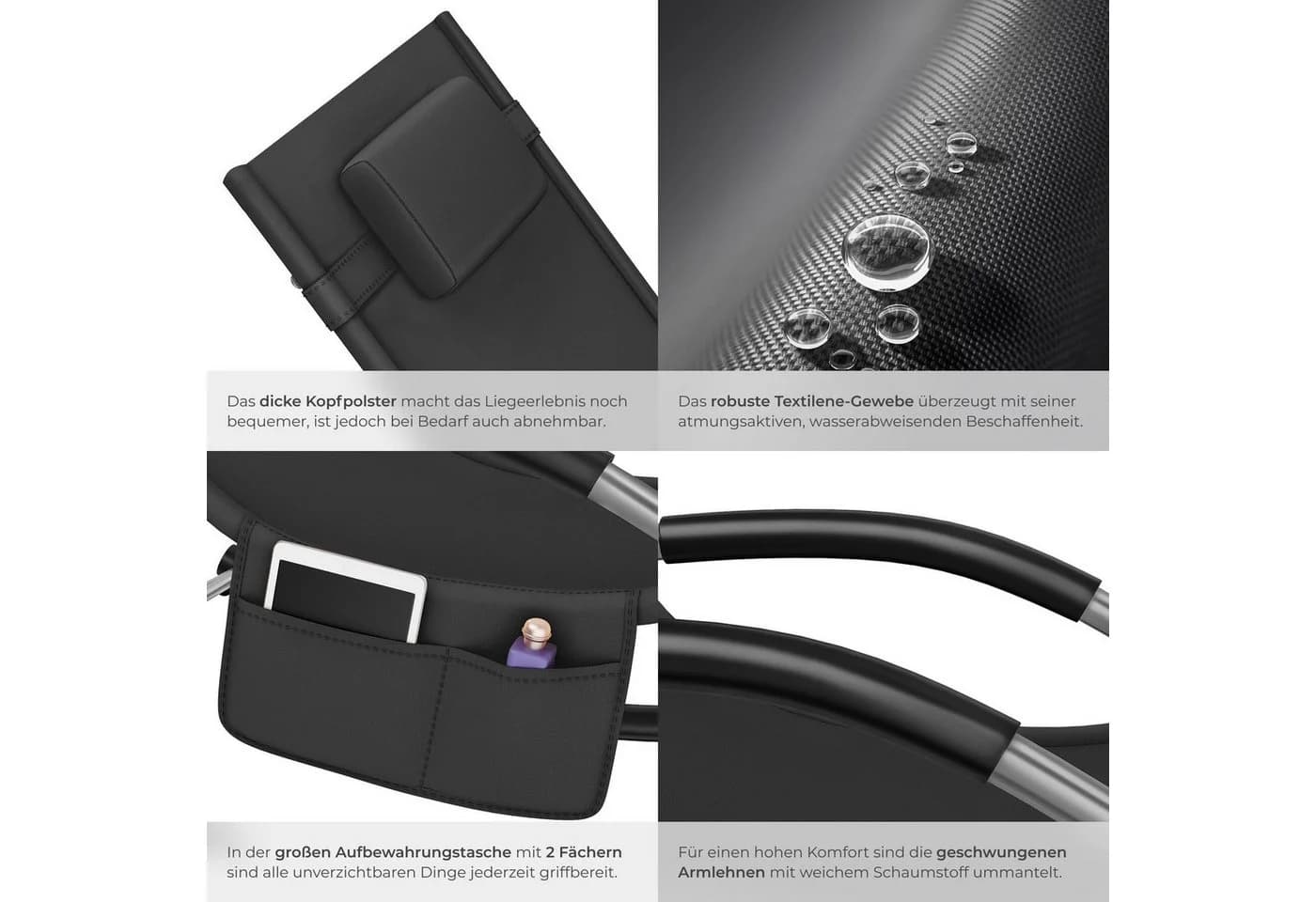 TECTAKE Gartenliege Taya Schwarz Ergonomisch Mit Kopfpolster - Bild 5