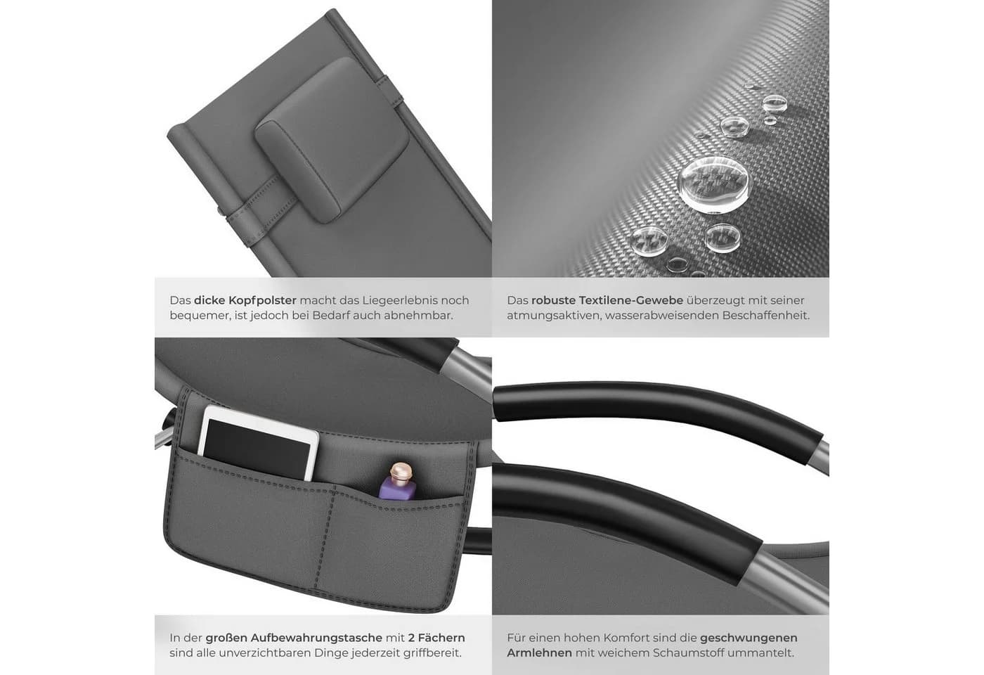 TECTAKE Gartenliege Taya Grau Ergonomisch mit Kopfpolster - Bild 5