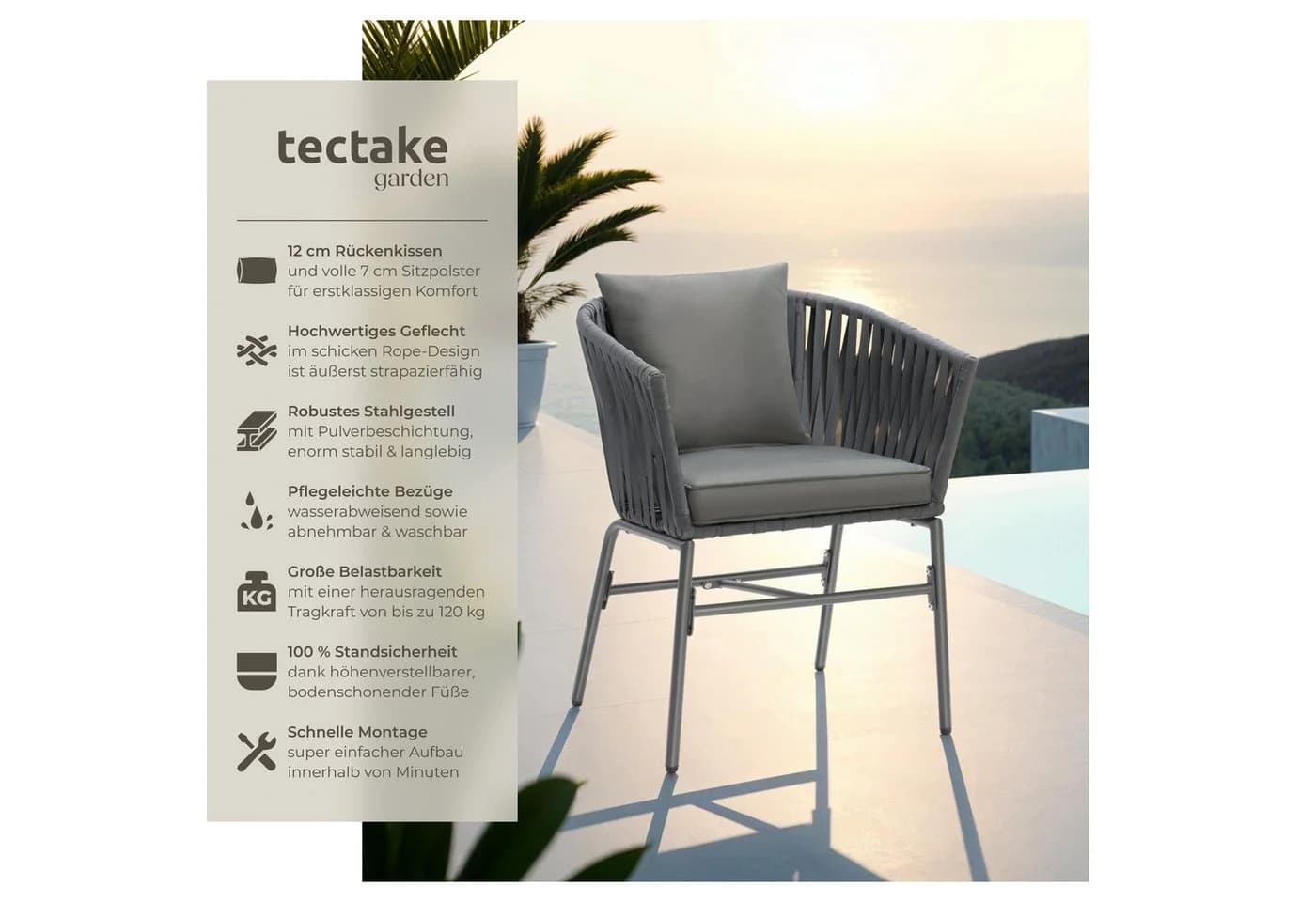 TECTAKE Valeiras Gartenstuhl 4er Set Rope-Design Grau