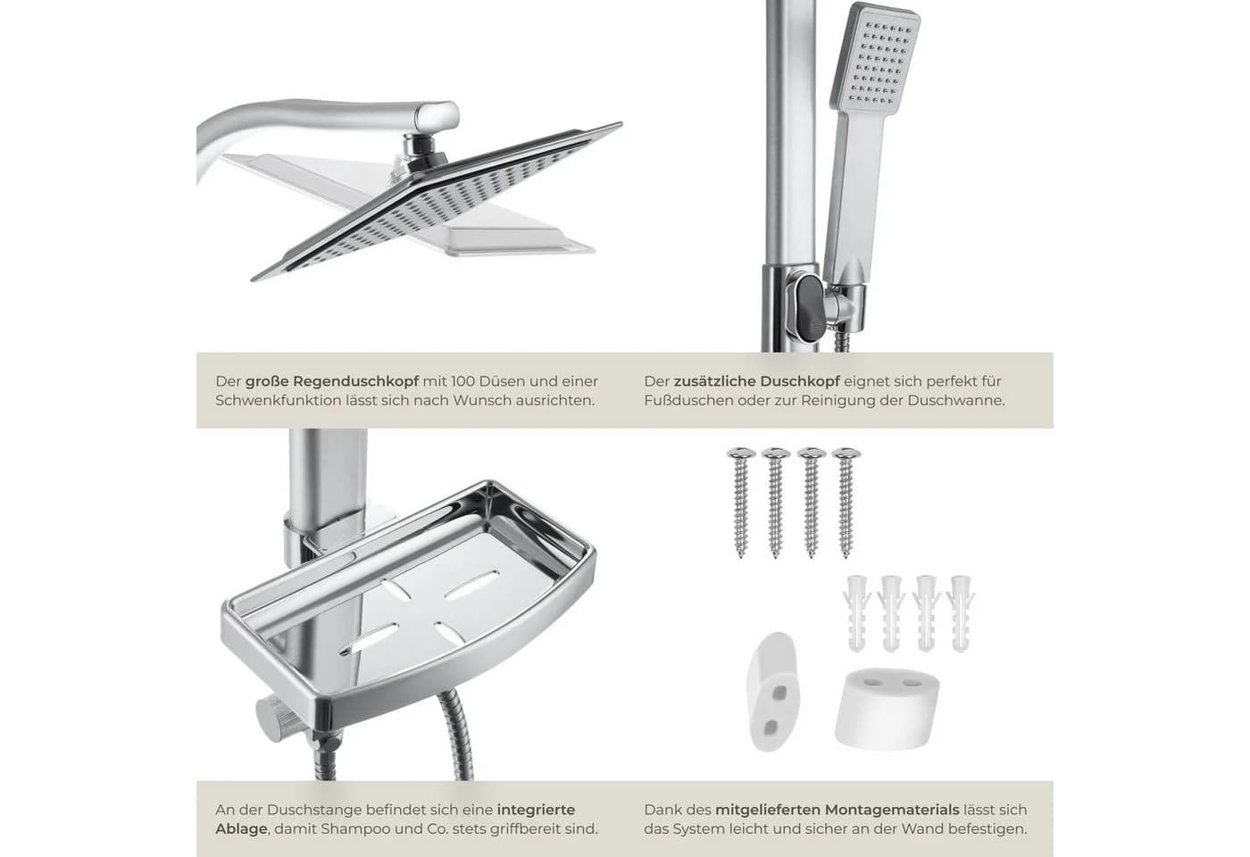 tectake Regenduschsystem Aluminium Chrom-Optik mit Handbrause - Bild 5