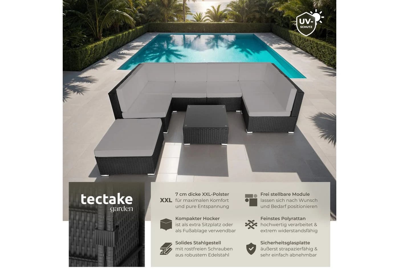 tectake Gartenlounge-Set 8-tlg. Schwarz/Grau Rattan mit Glasplatte