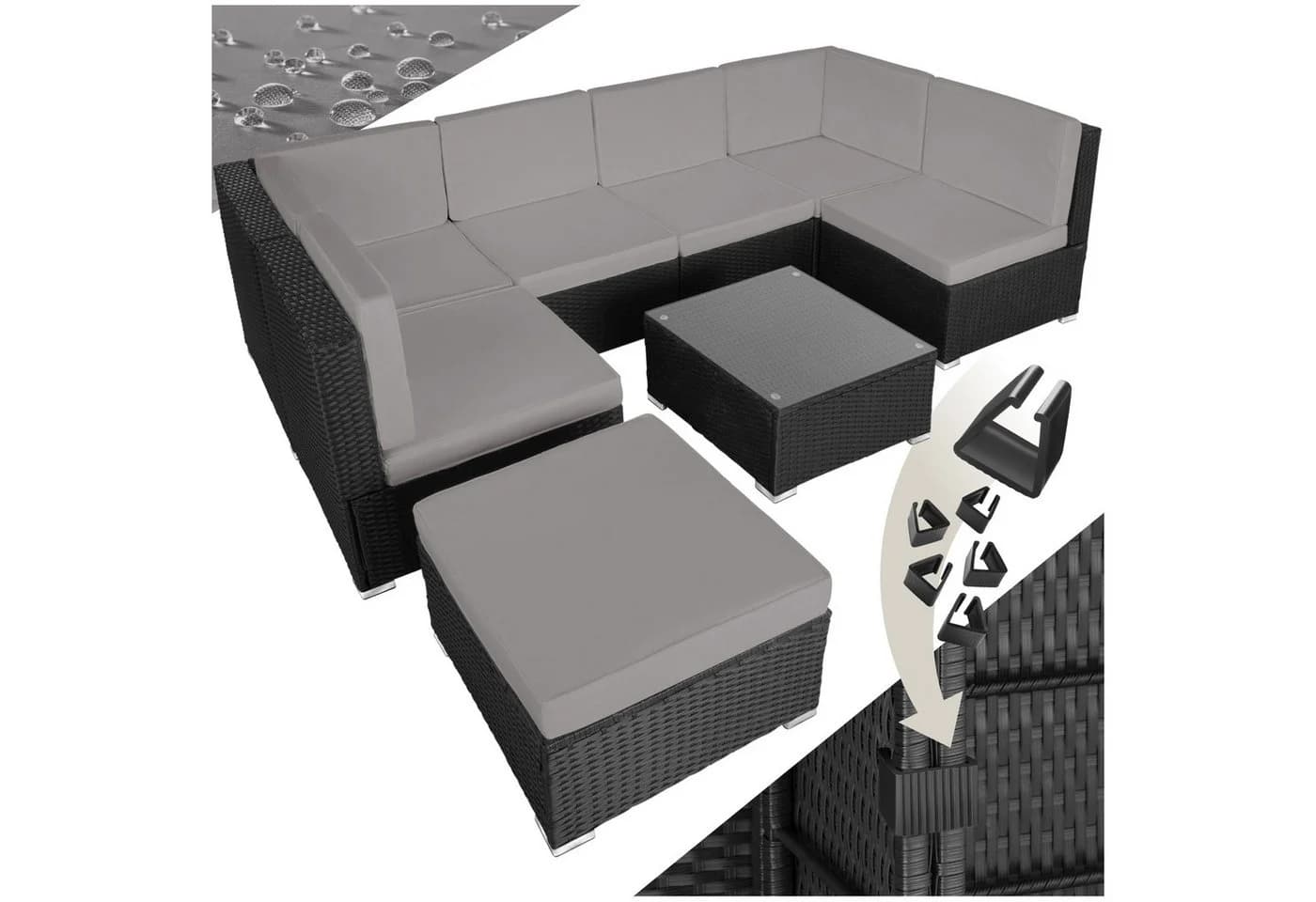 tectake Gartenlounge-Set 8-tlg. Schwarz/Grau Rattan mit Glasplatte - Bild 2