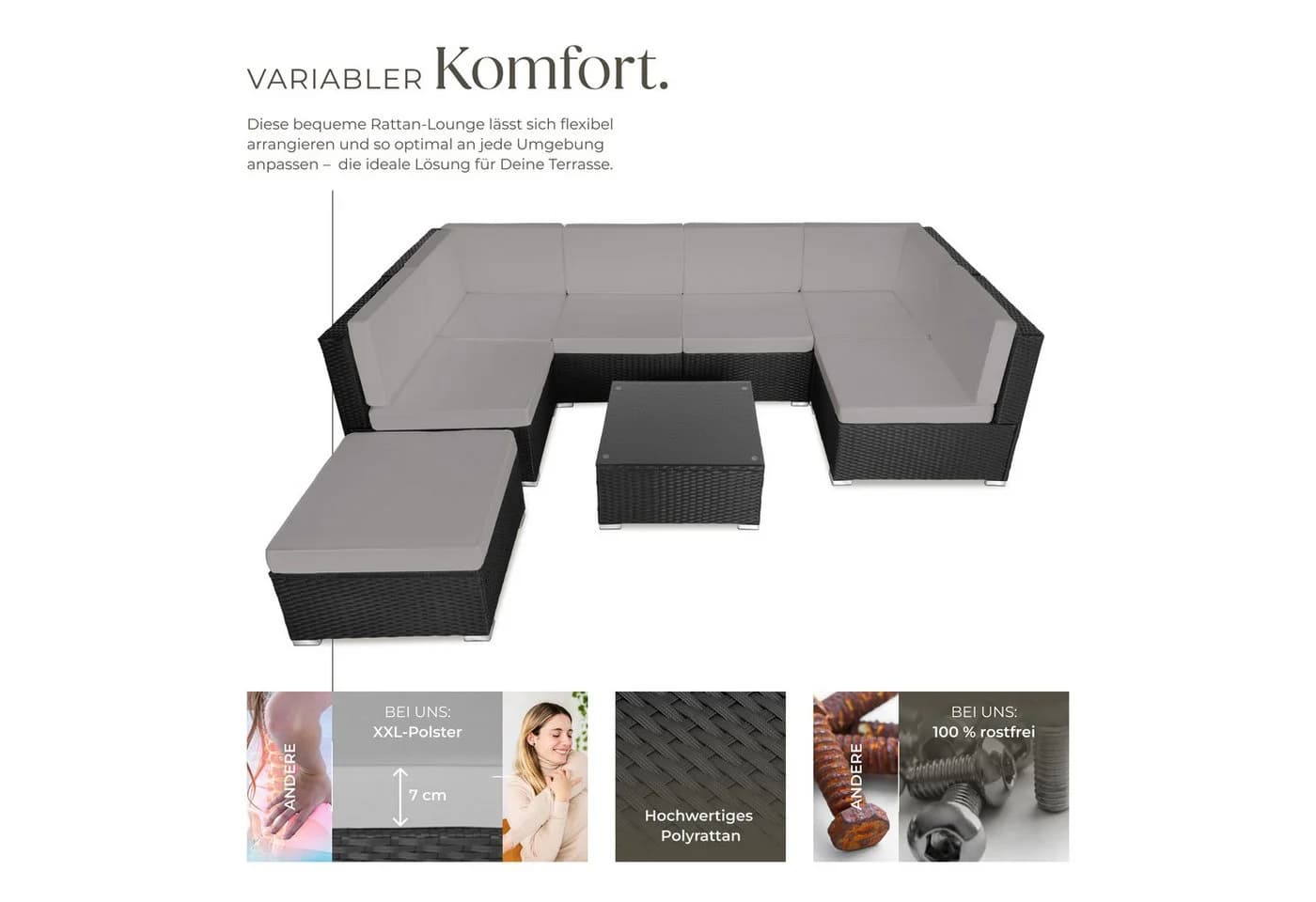 tectake Gartenlounge-Set 8-tlg. Schwarz/Grau Rattan mit Glasplatte - Bild 3