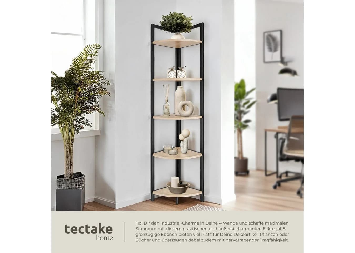 tectake Eckregal Castlebar 5 Ebenen Holzoptik Schwarz Kippschutz - Bild 3
