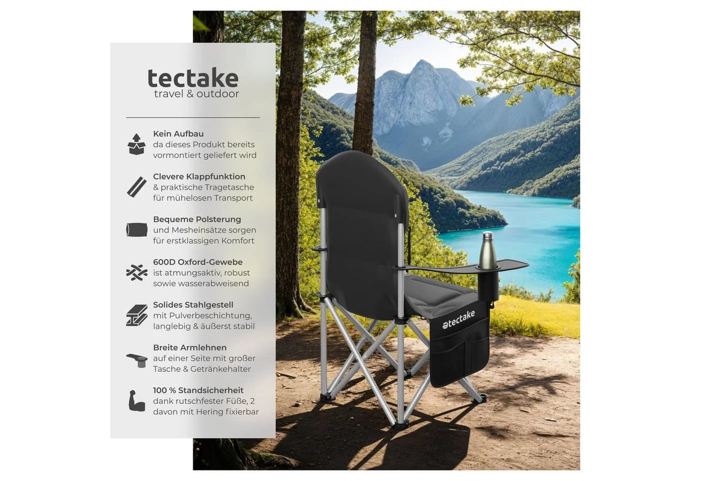 tectake Gepolsterter Campingstuhl MTX Schwarz mit Getränkehalter