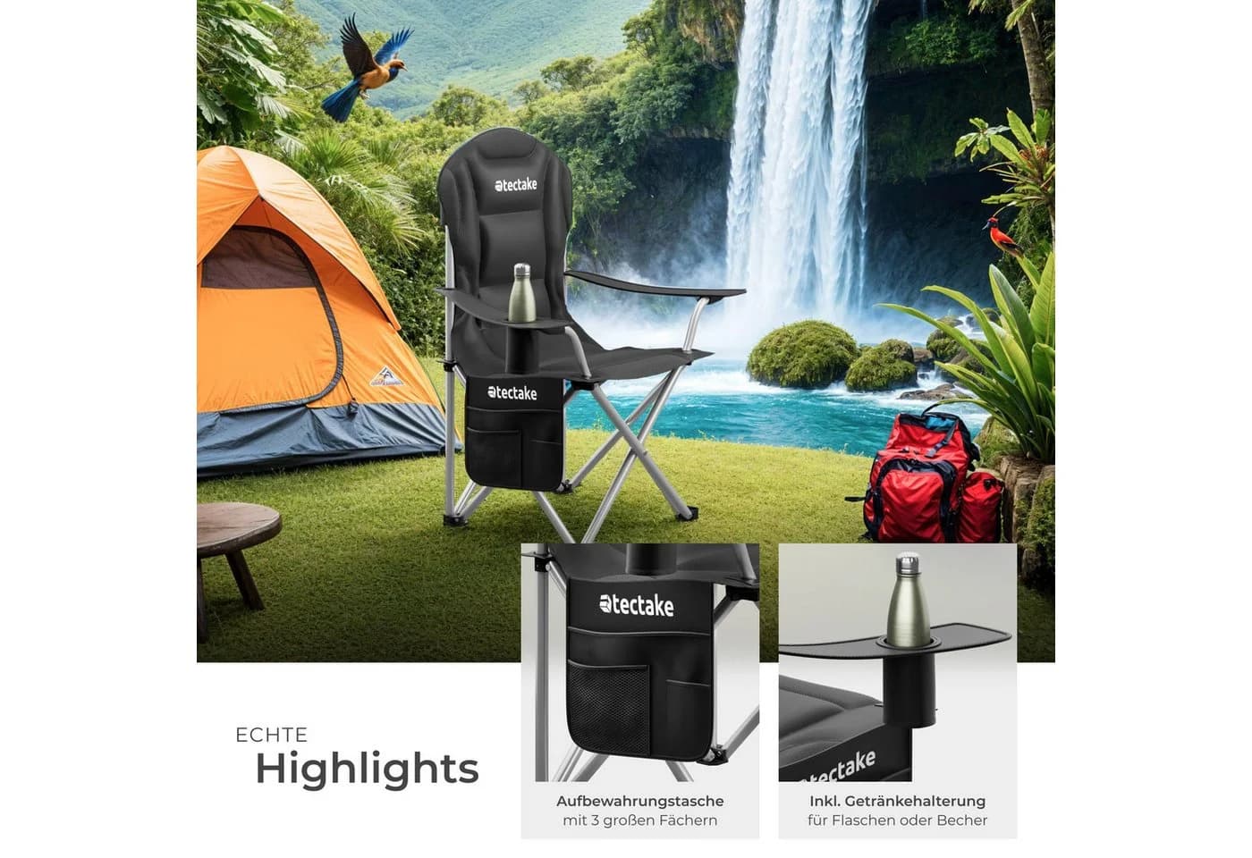 tectake Gepolsterter Campingstuhl MTX Schwarz mit Getränkehalter - Bild 4