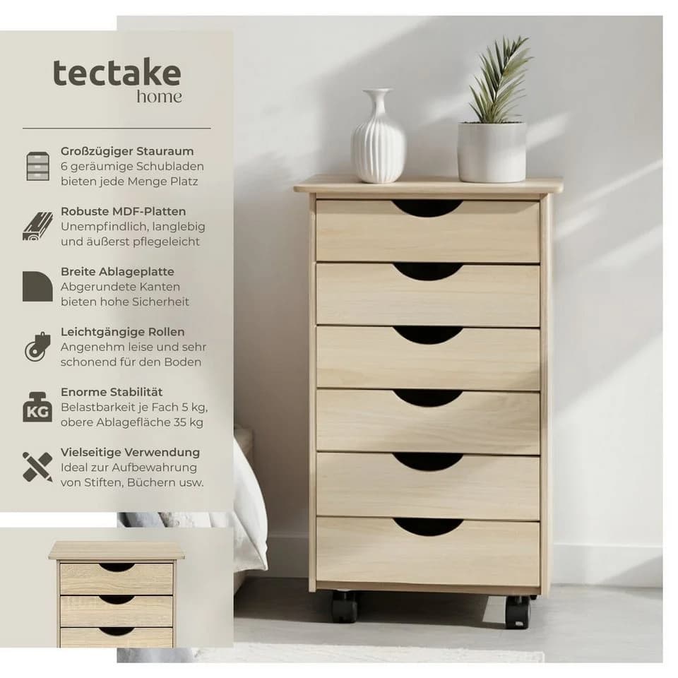 tectake Rollcontainer aus Holz mit 6 Schubladen