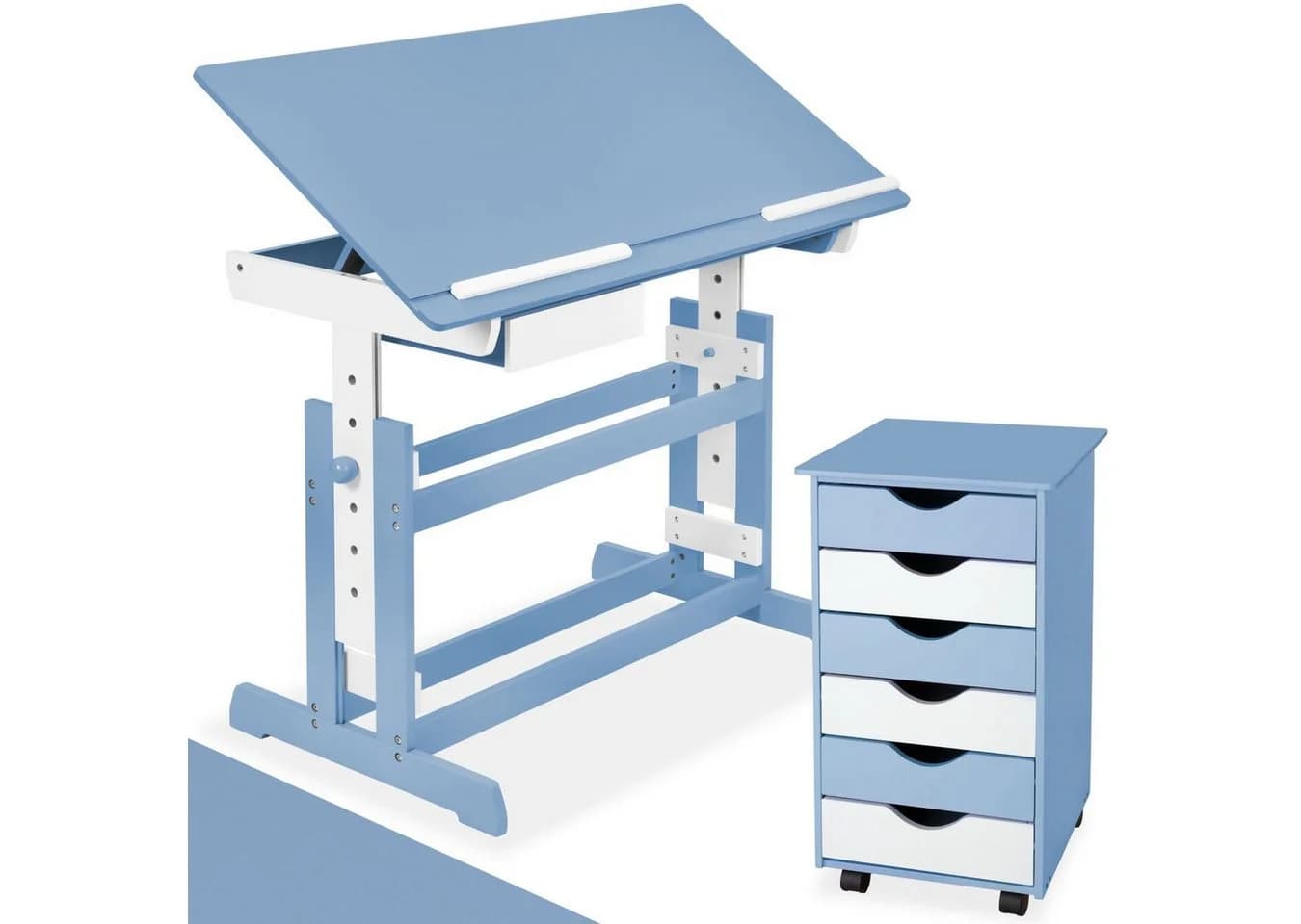 TECTAKE Kinderschreibtisch Höhenverstellbar Blau mit Rollcontainer - Bild 2