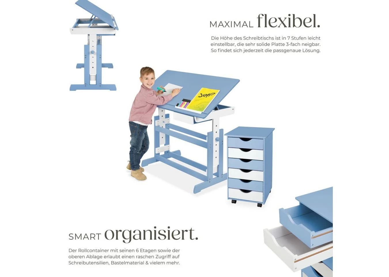 TECTAKE Kinderschreibtisch Höhenverstellbar Blau mit Rollcontainer - Bild 3