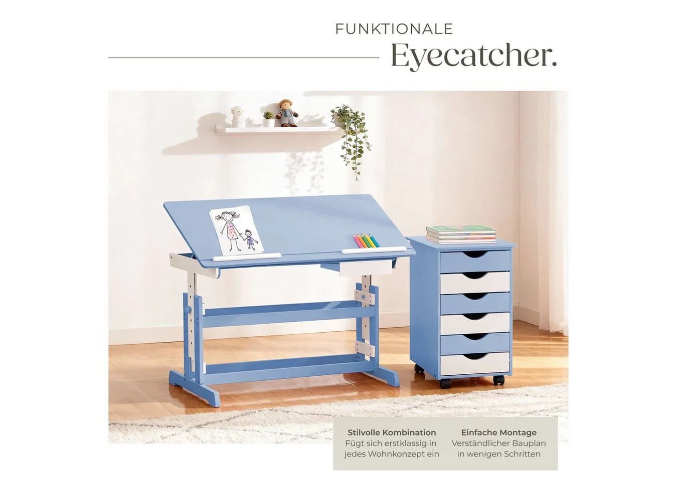TECTAKE Kinderschreibtisch Höhenverstellbar Blau mit Rollcontainer - Bild 4