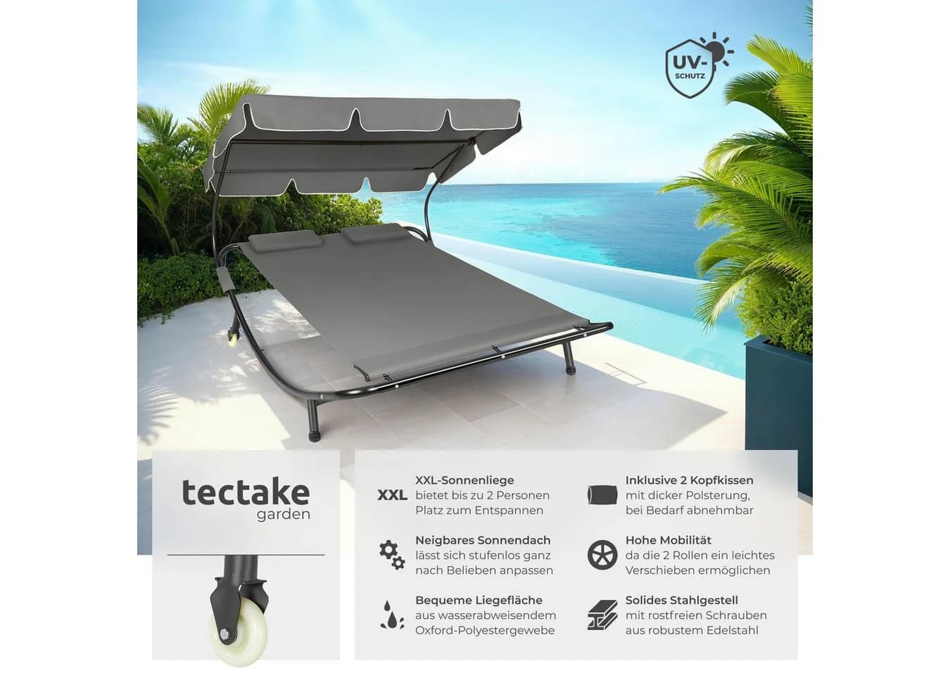 tectake Gartenliege Livorno 2-Personen Schwarz Grau UV-beständig