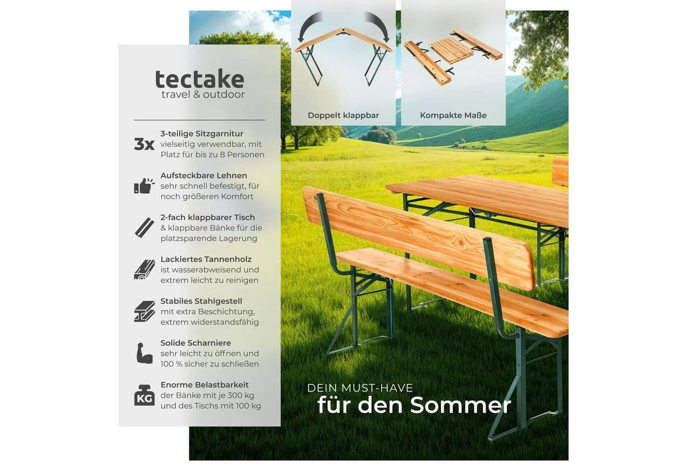 tectake Bierzeltgarnitur Franz II 3-tlg. Klappbar mit Rückenlehnen