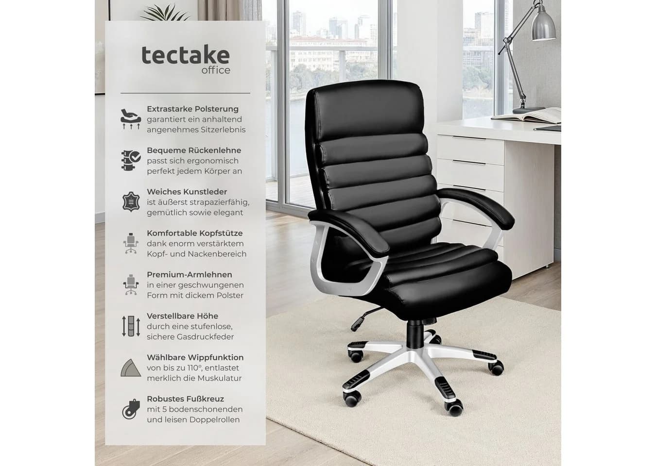 TECTAKE Bürostuhl Chefsessel Schwarz Kunstleder