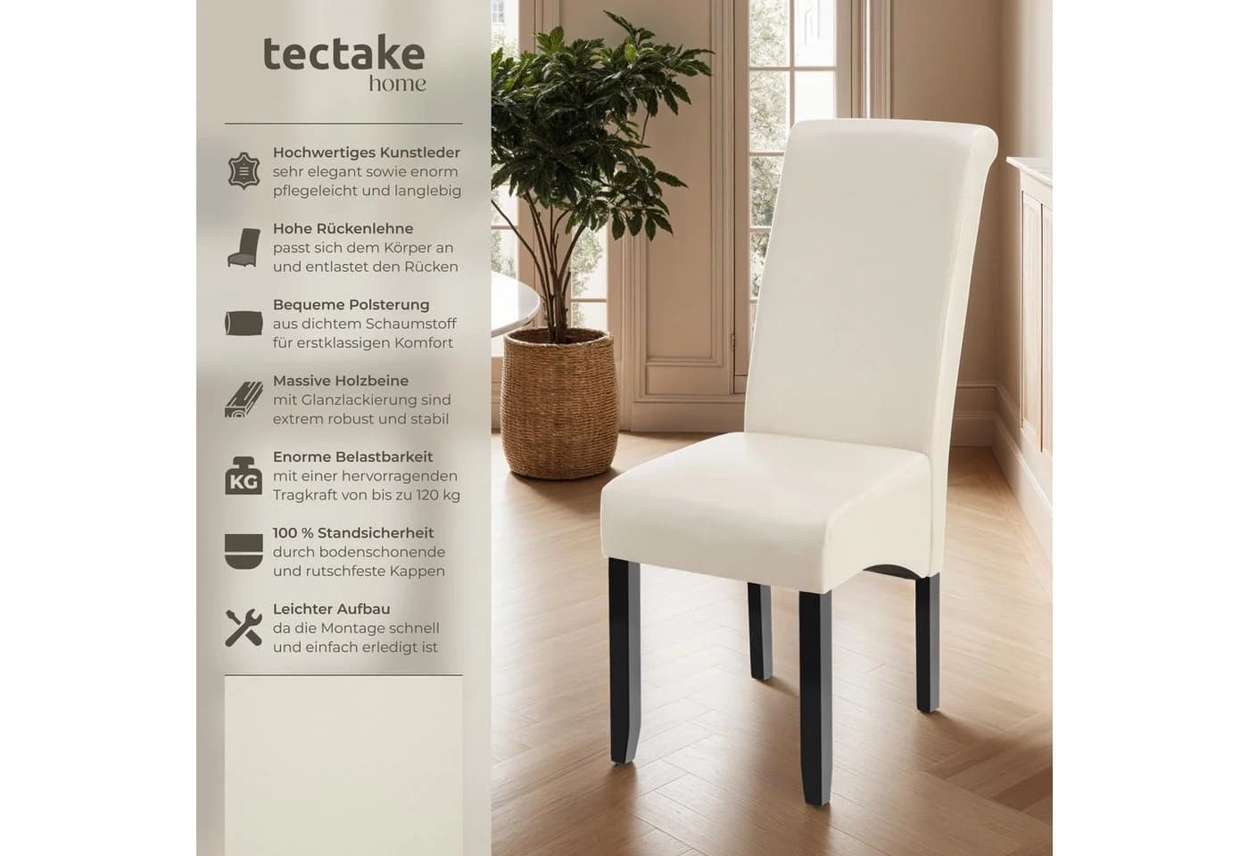 tectake Esszimmerstuhl Küchenstuhl Ergonomisch Massives Hartholz Set 6 St. Kunstleder