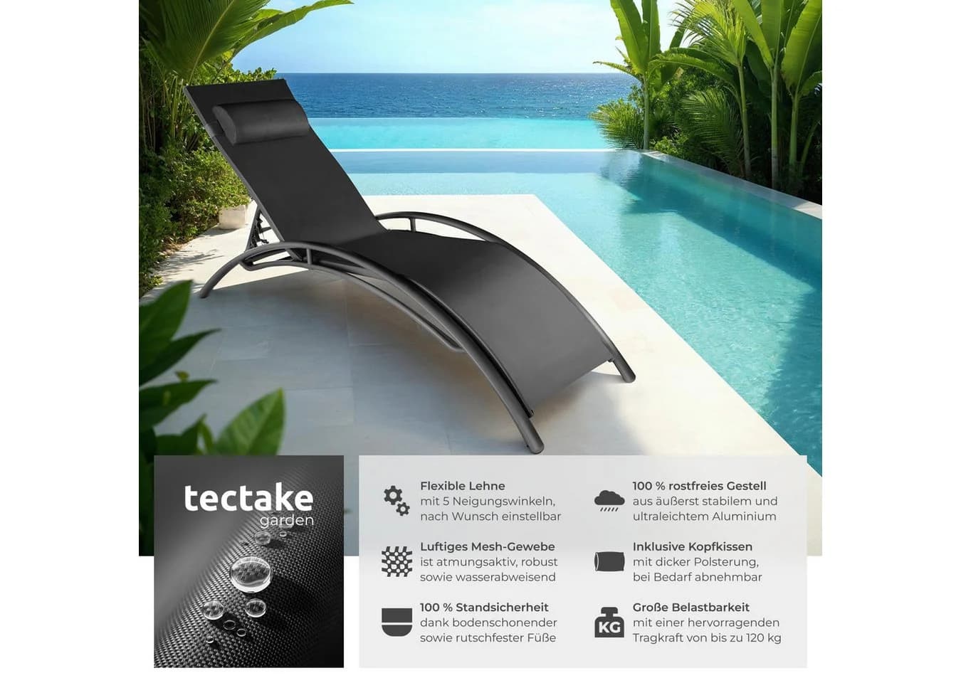 TECTAKE Gartenliege Alina Schwarz Aluminium mit verstellbarer Rückenlehne