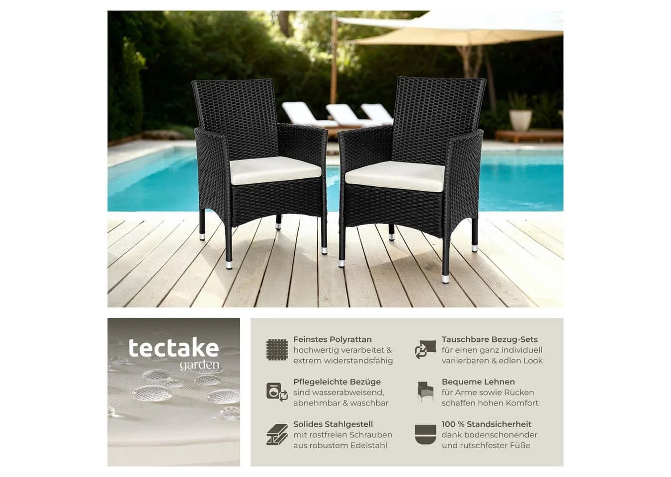 tectake Rattanstuhl 2er Set Rattan Polsterbezüge Beige/Grau