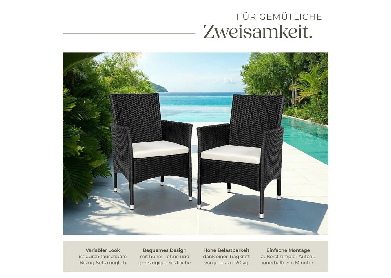 tectake Rattanstuhl 2er Set Rattan Polsterbezüge Beige/Grau - Bild 4