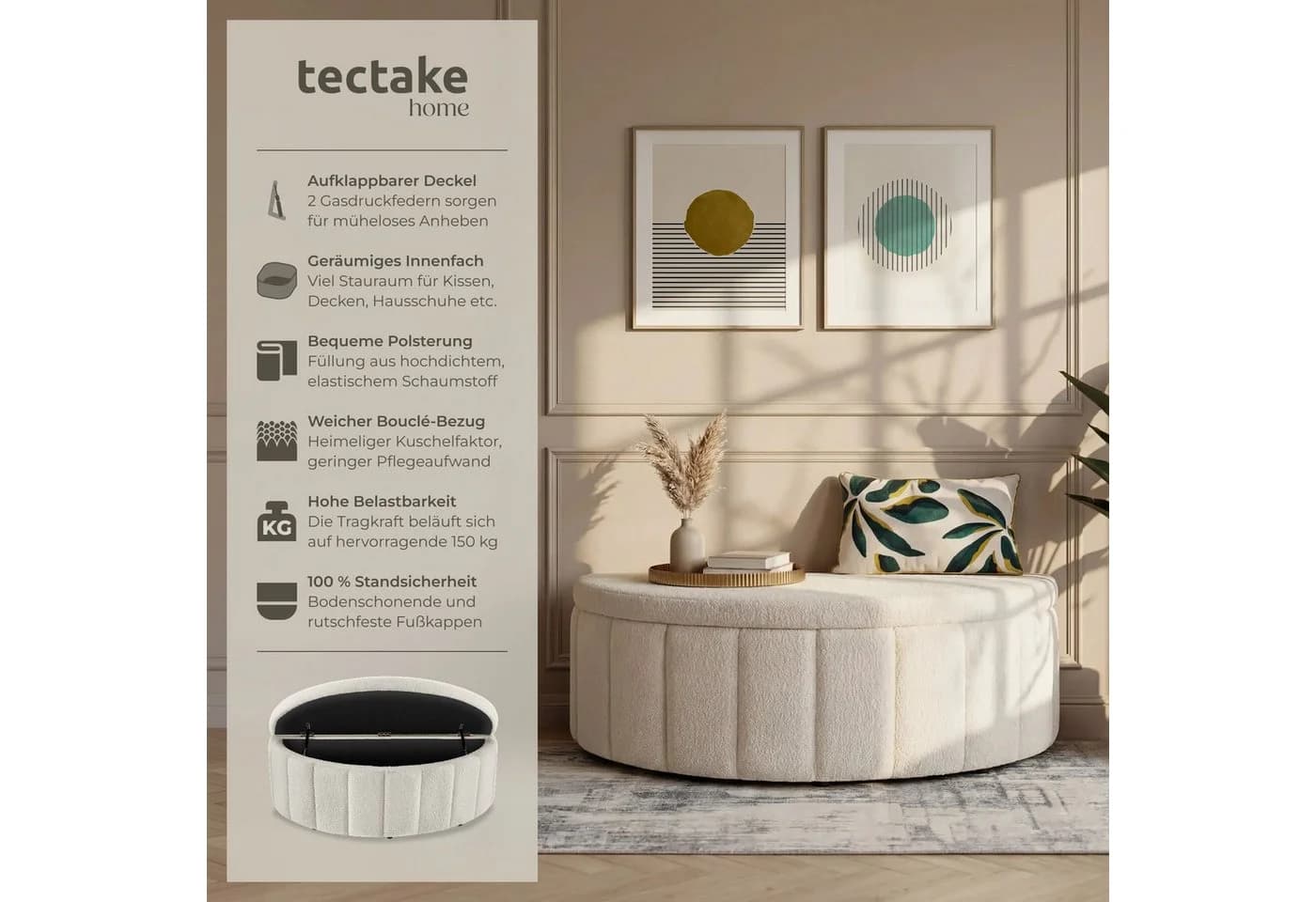 TECTAKE Polsterbank Moon mit Stauraum und Gasdruckfedern, Beige Bouclé