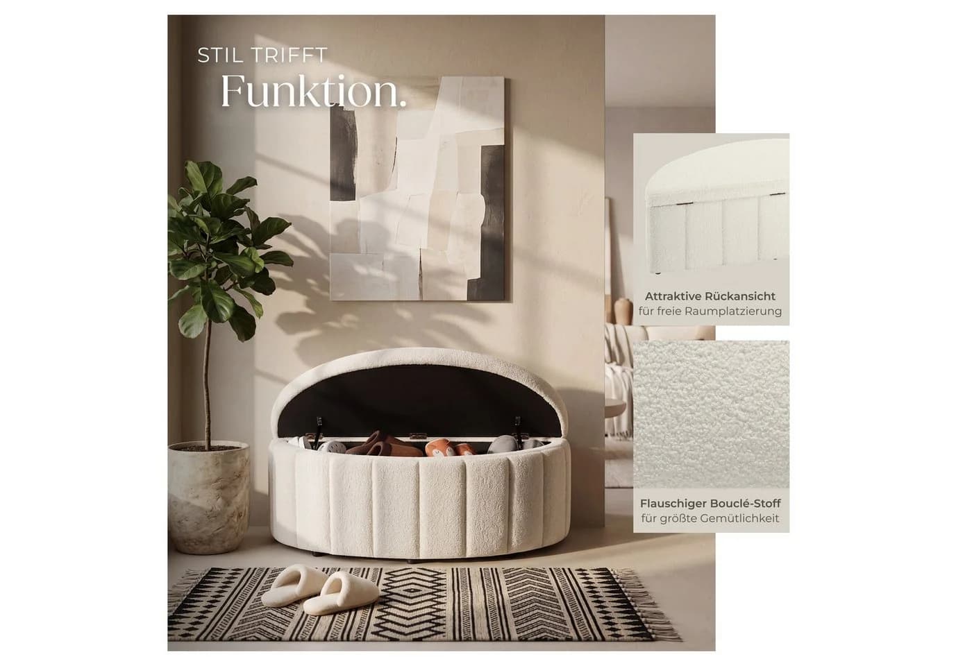 TECTAKE Polsterbank Moon mit Stauraum und Gasdruckfedern, Beige Bouclé - Bild 3