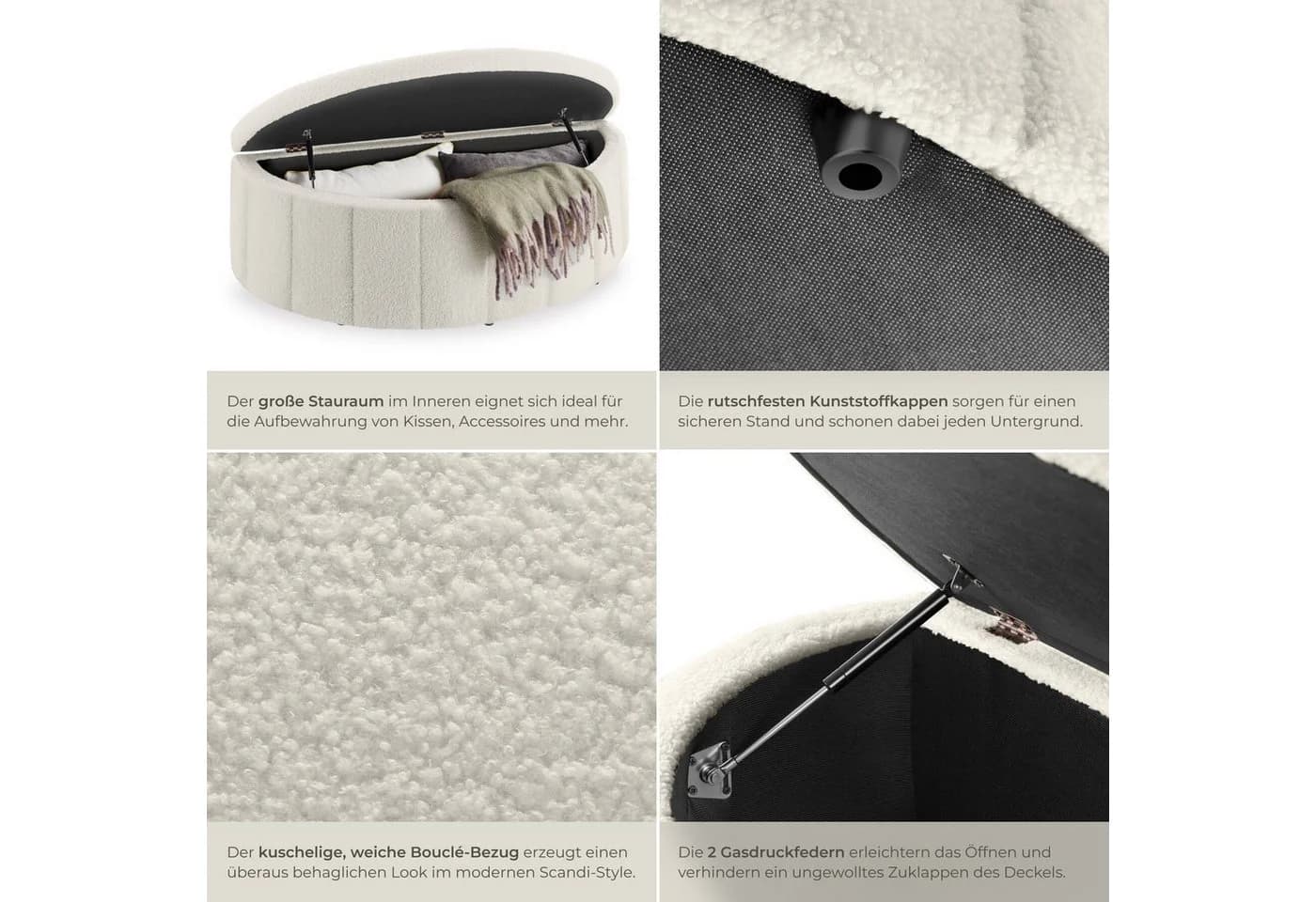 TECTAKE Polsterbank Moon mit Stauraum und Gasdruckfedern, Beige Bouclé - Bild 4