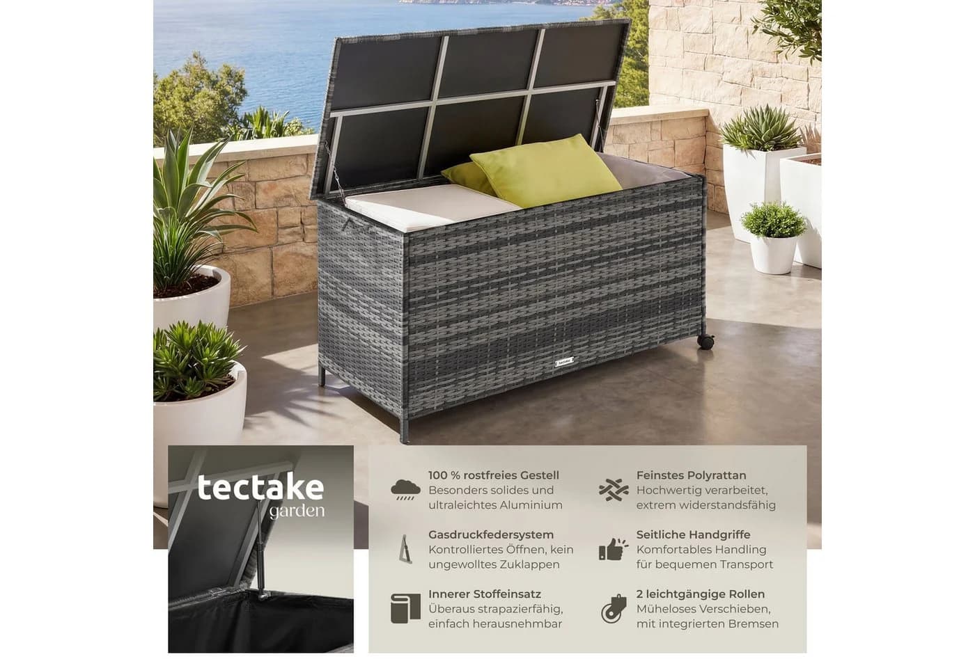 tectake Auflagenbox 253 l mit Hubautomatik und Aluminiumgestell - Bild 2