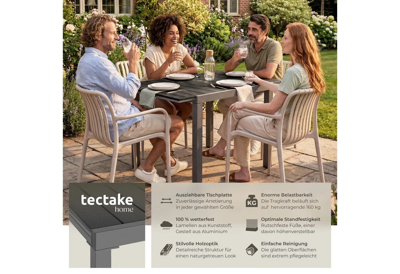 tectake Gartentisch Inca Schwarz Ausziehbar Aluminium