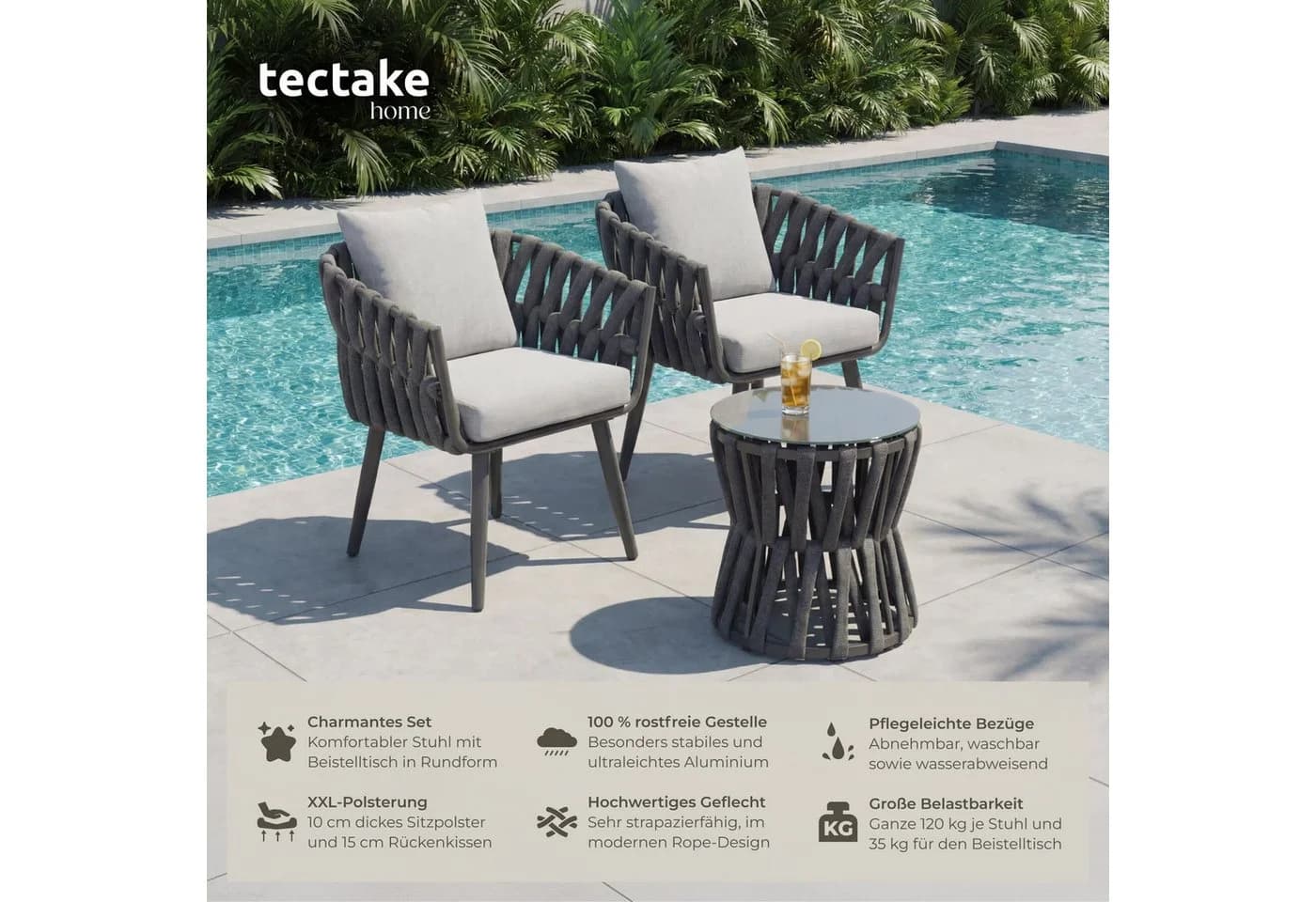 tectake Gartenlounge-Set 3-tlg. Anthrazit Aluminium mit Glasplatte - Bild 2