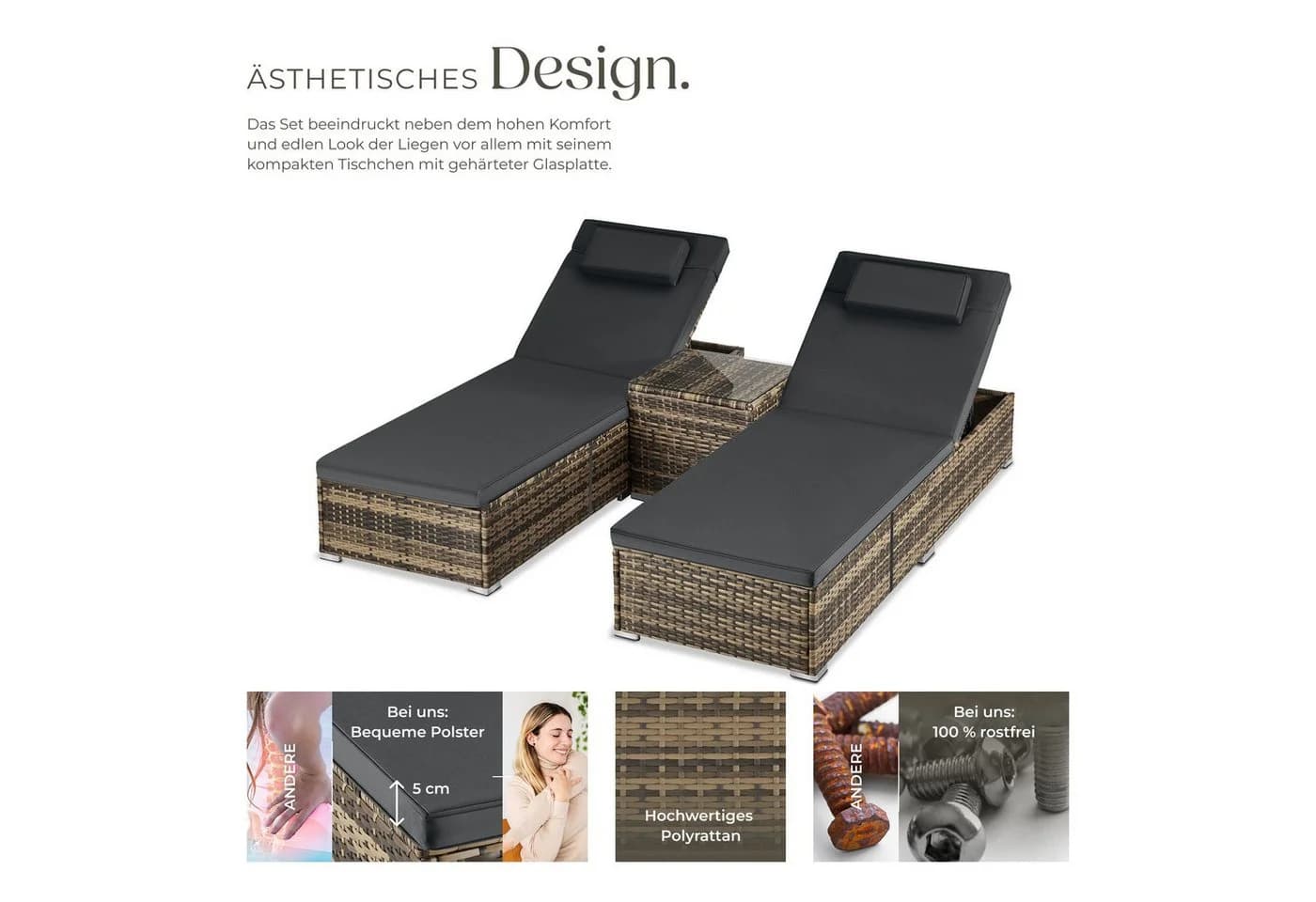 TECTAKE Rattan-Doppelliege Carbonera mit Tisch, verstellbar, beige - Bild 3