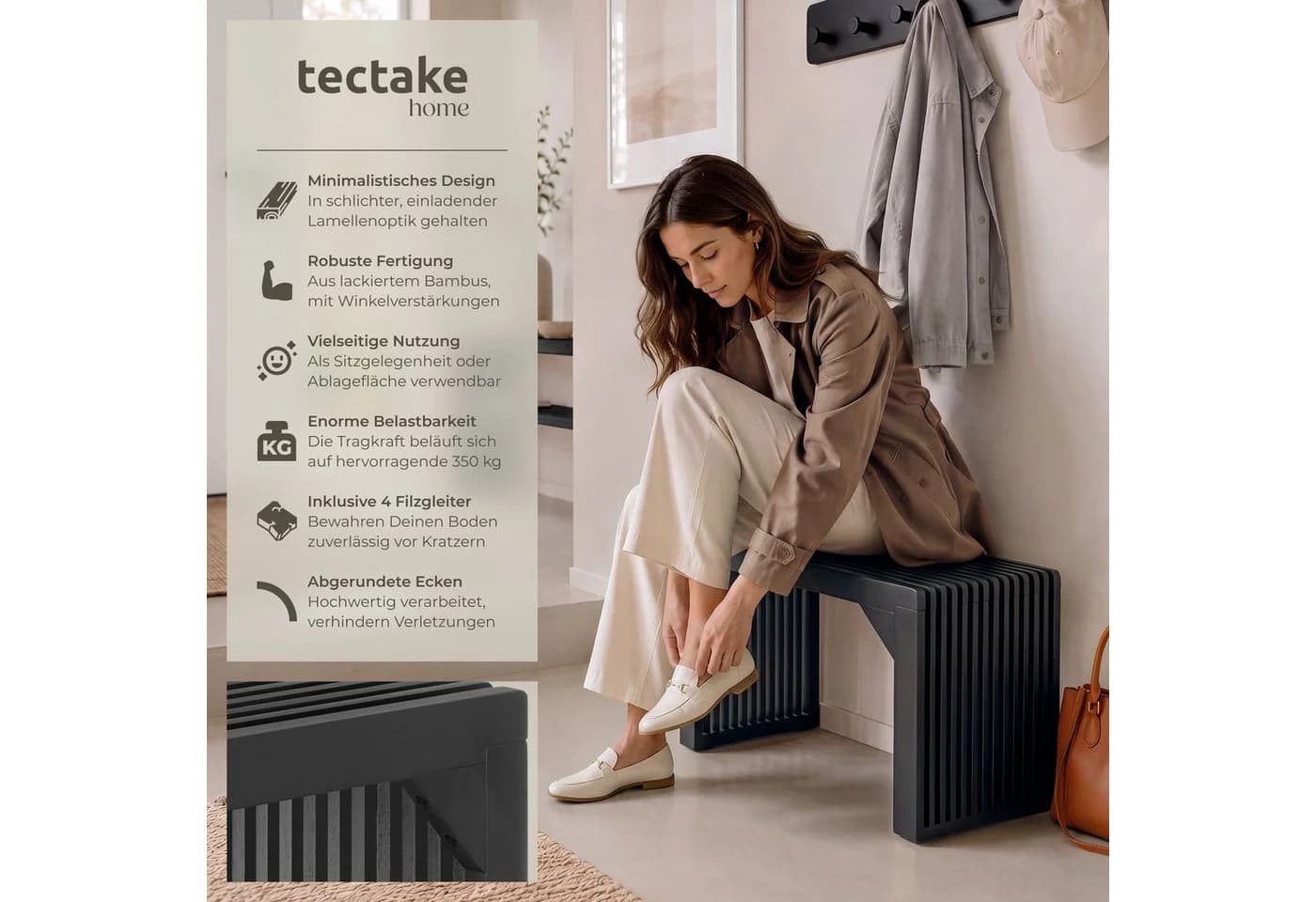 TECTAKE Sitzbank Ribb Schwarz Lackierter Bambus 350 kg Belastbar