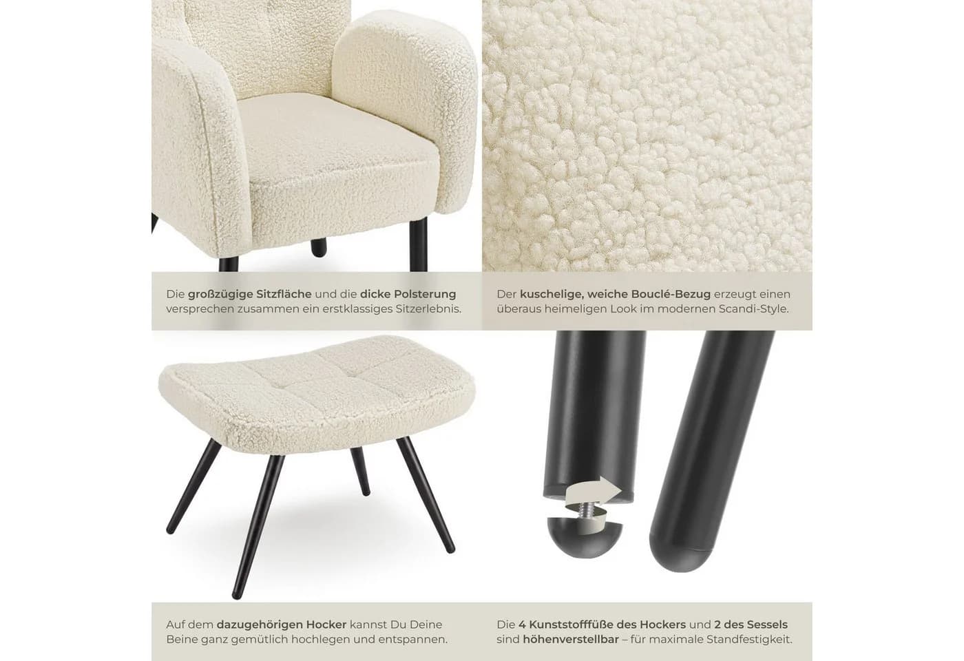 TECTAKE Relaxsessel Vänersborg mit Hocker Bouclé skandinavisch - Bild 5
