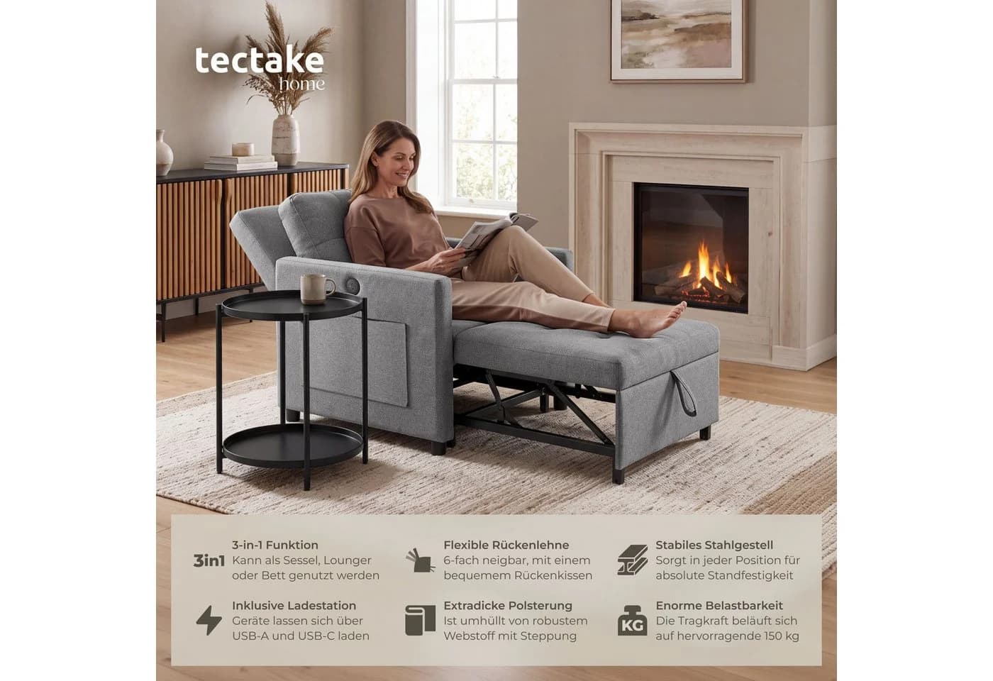 TECTAKE Relaxsessel Toyama Grau 3in1 Funktionssessel mit USB-Anschlüssen