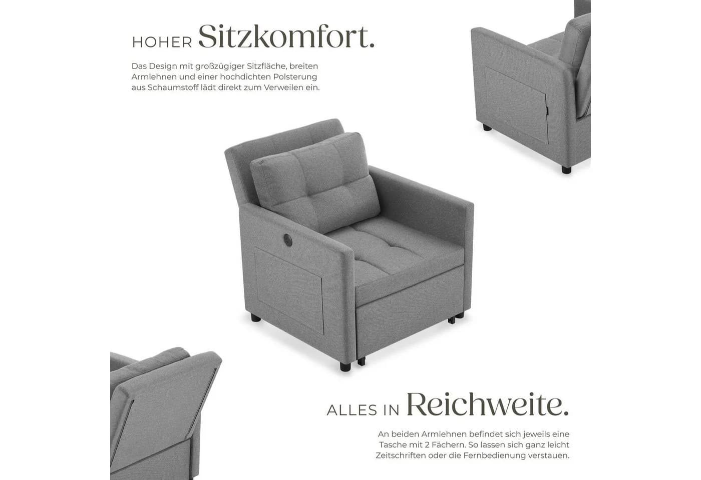TECTAKE Relaxsessel Toyama Grau 3in1 Funktionssessel mit USB-Anschlüssen - Bild 3