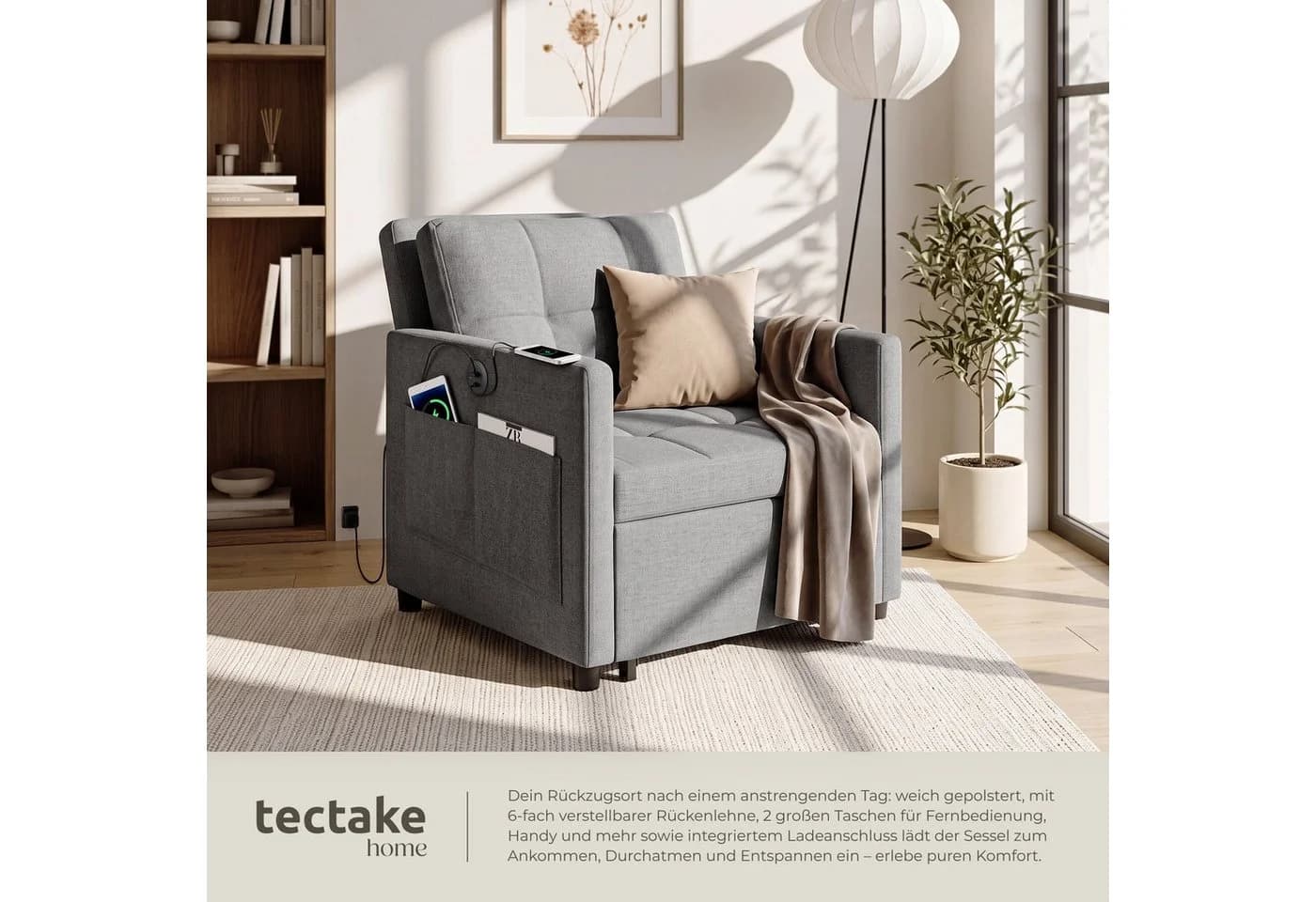TECTAKE Relaxsessel Toyama Grau 3in1 Funktionssessel mit USB-Anschlüssen - Bild 4