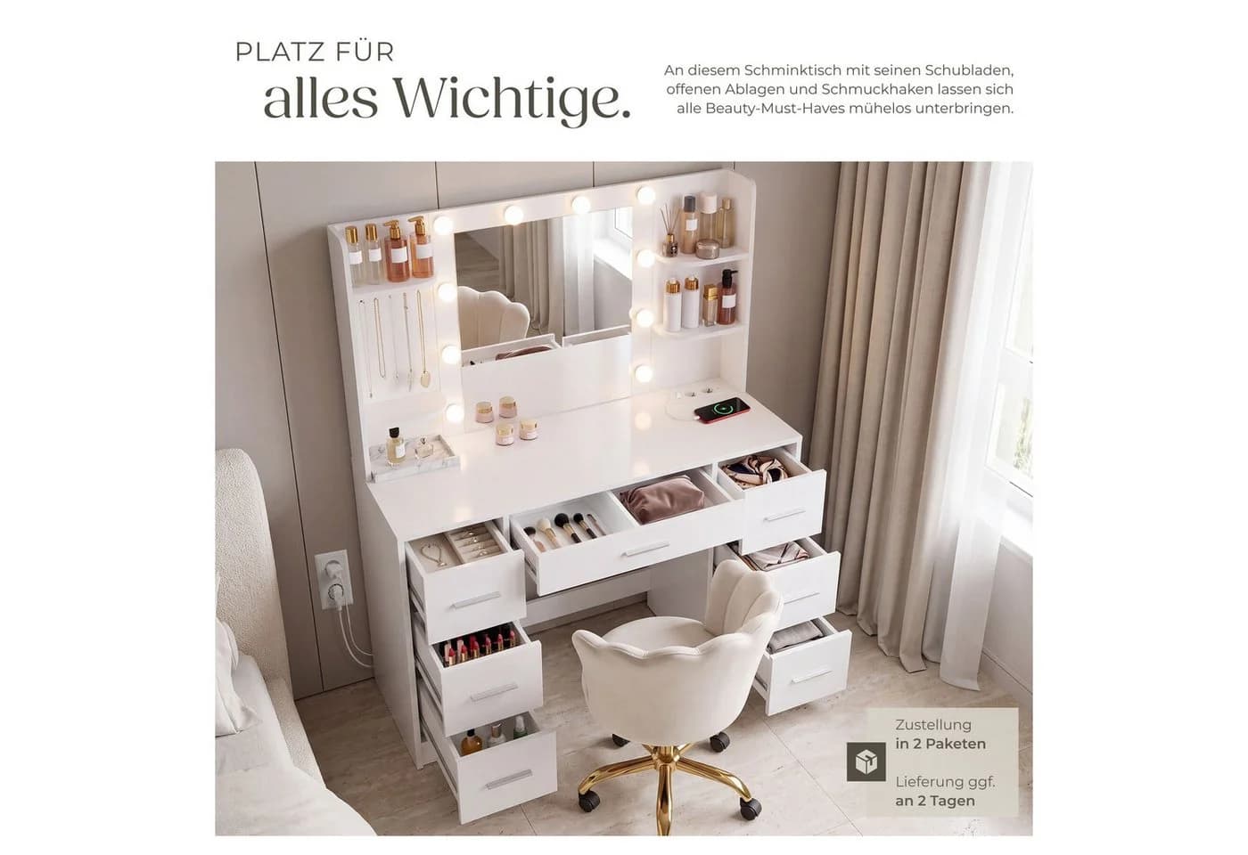 TECTAKE Schminktisch Charlotte mit LED-Spiegel, 7 Schubladen & Ladestation - Bild 3